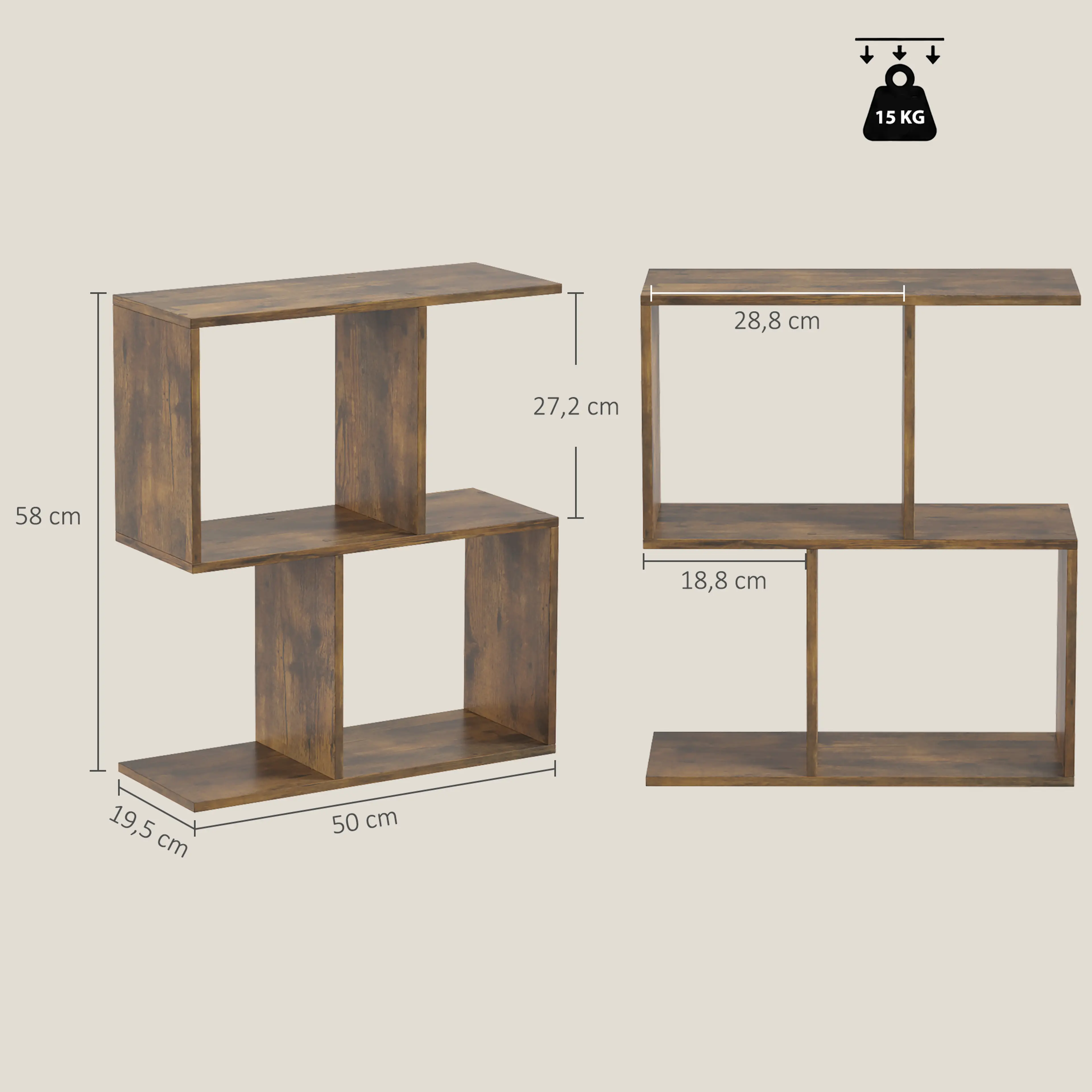 Måttbild: bordet är 50 × 19,5 cm och 58 cm högt, med fack på 28,8 och 18,8 cm och 27,2 cm fri höjd