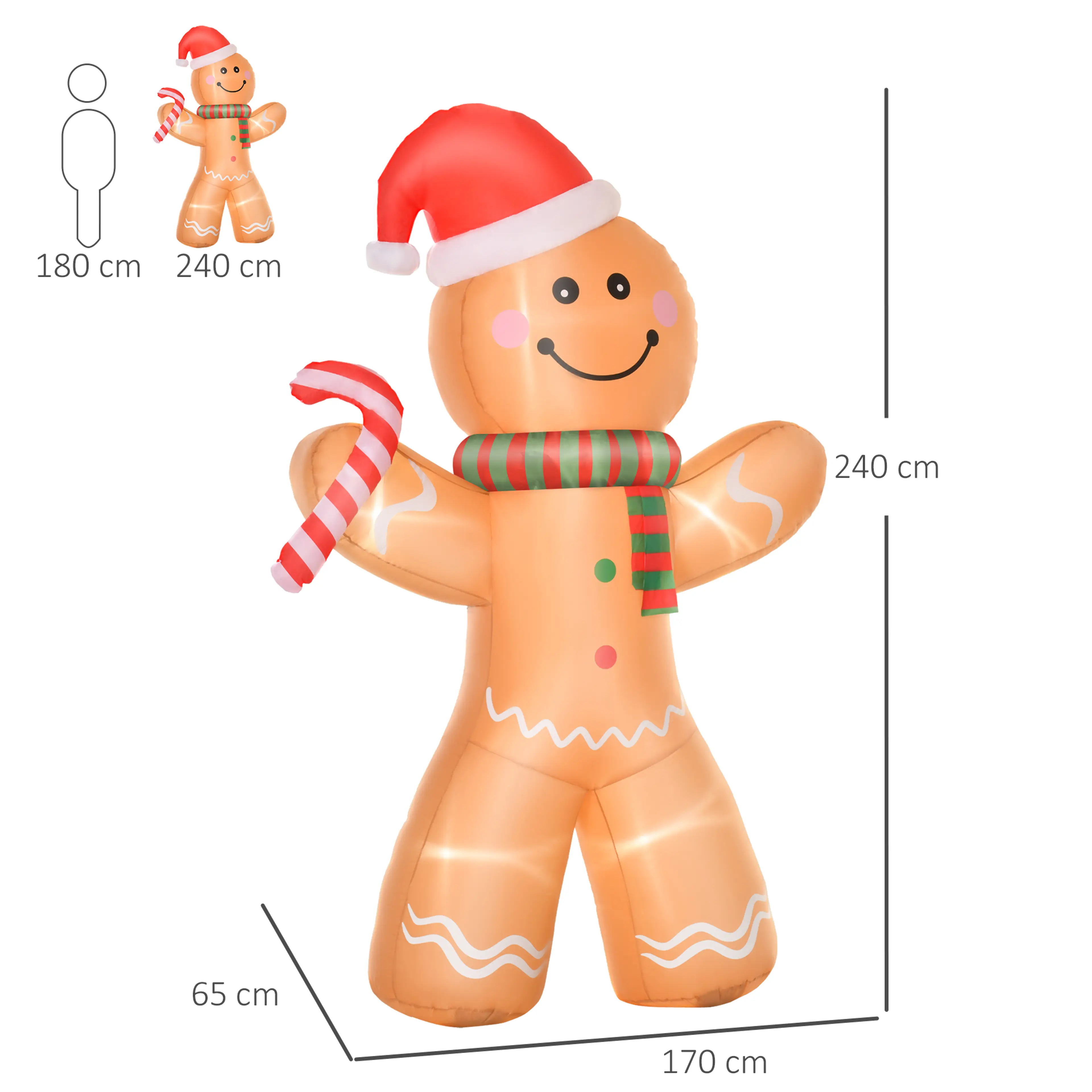 Måttbild: pepparkaksgubben är 240 cm hög, 170 cm bred och 65 cm djup, jämförd med en liten figur av en person