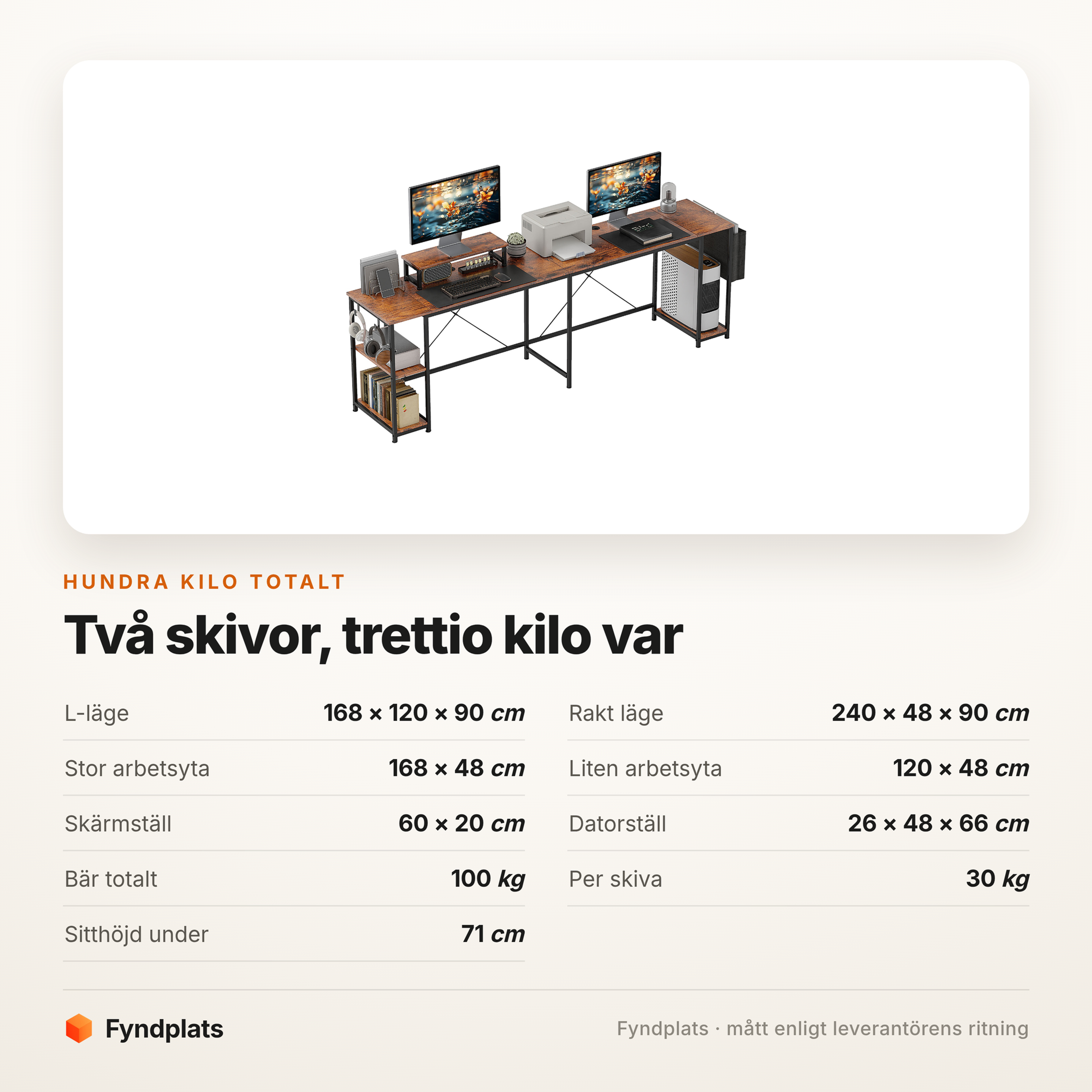Hörnskrivbord 168 cm eller 240 cm rakt – rustik brun – bild 5