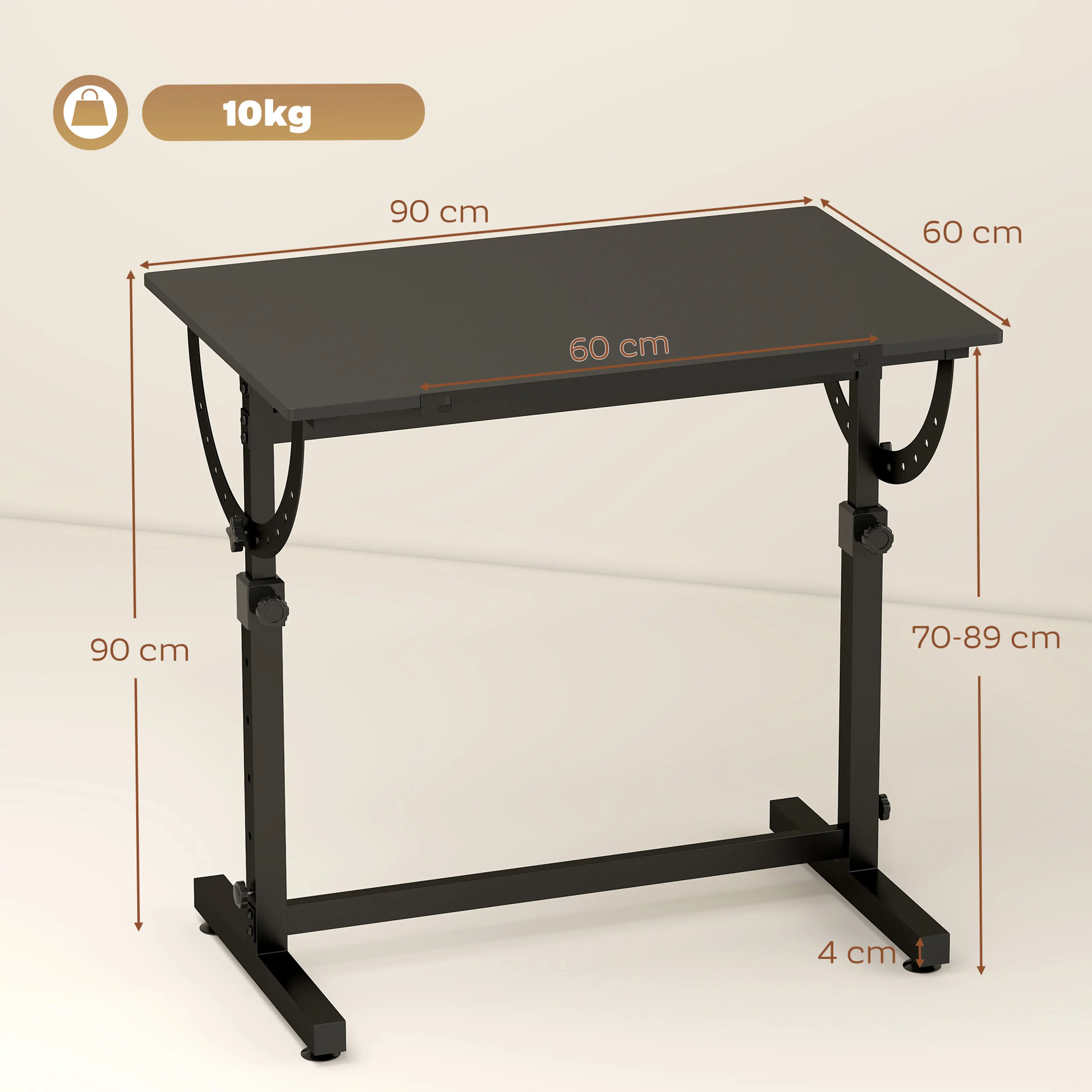 Måttbild: skivan är 90 × 60 cm med en list på 60 cm, och bordet bär 10 kg