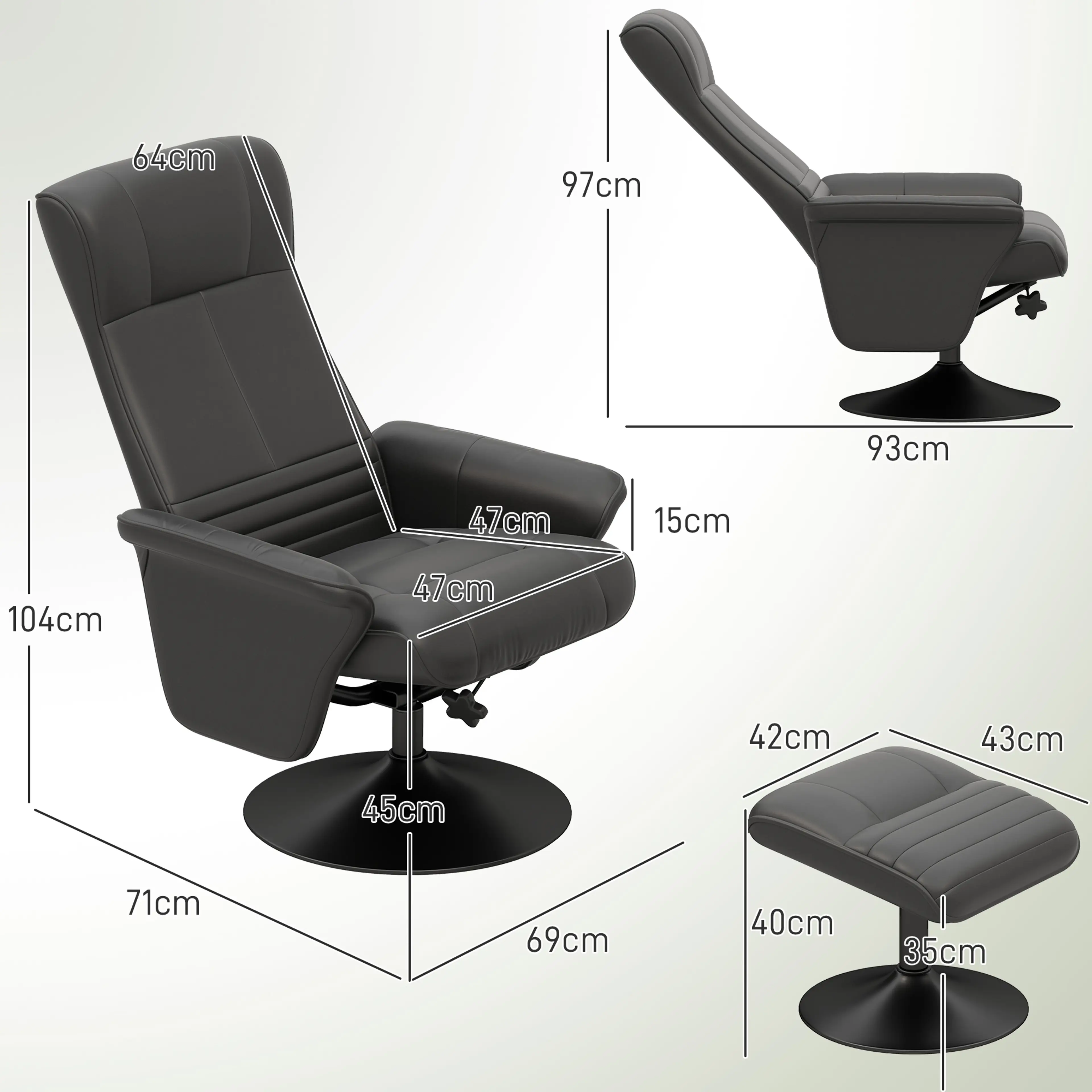 Måttskiss över fåtöljen: 71 × 69 cm golvyta, 104 cm höjd, 45 cm sitthöjd och 93 cm djup med ryggen fälld