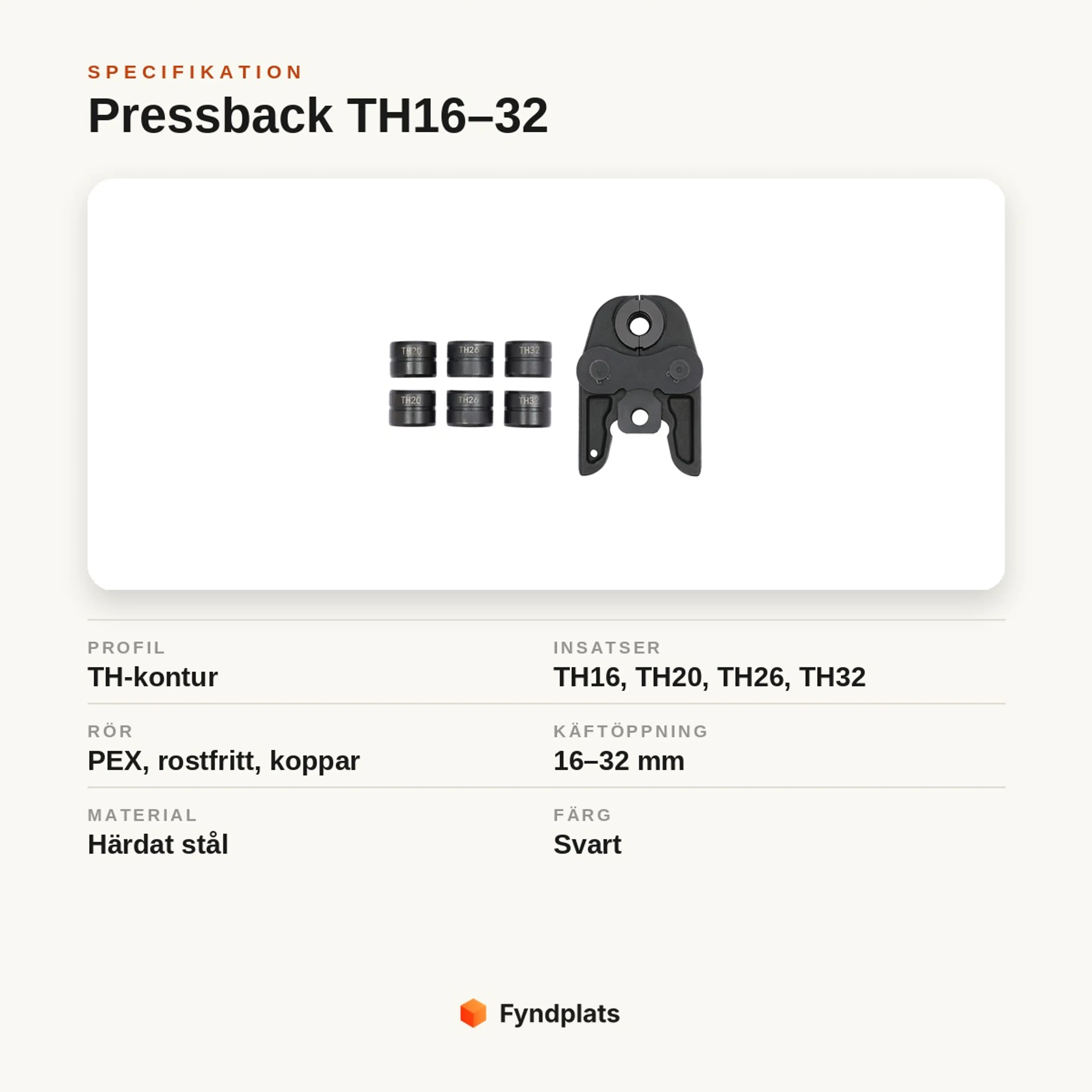 Specifikation: pressback TH16–32 med fyra insatser för PEX, rostfritt och koppar i härdat stål