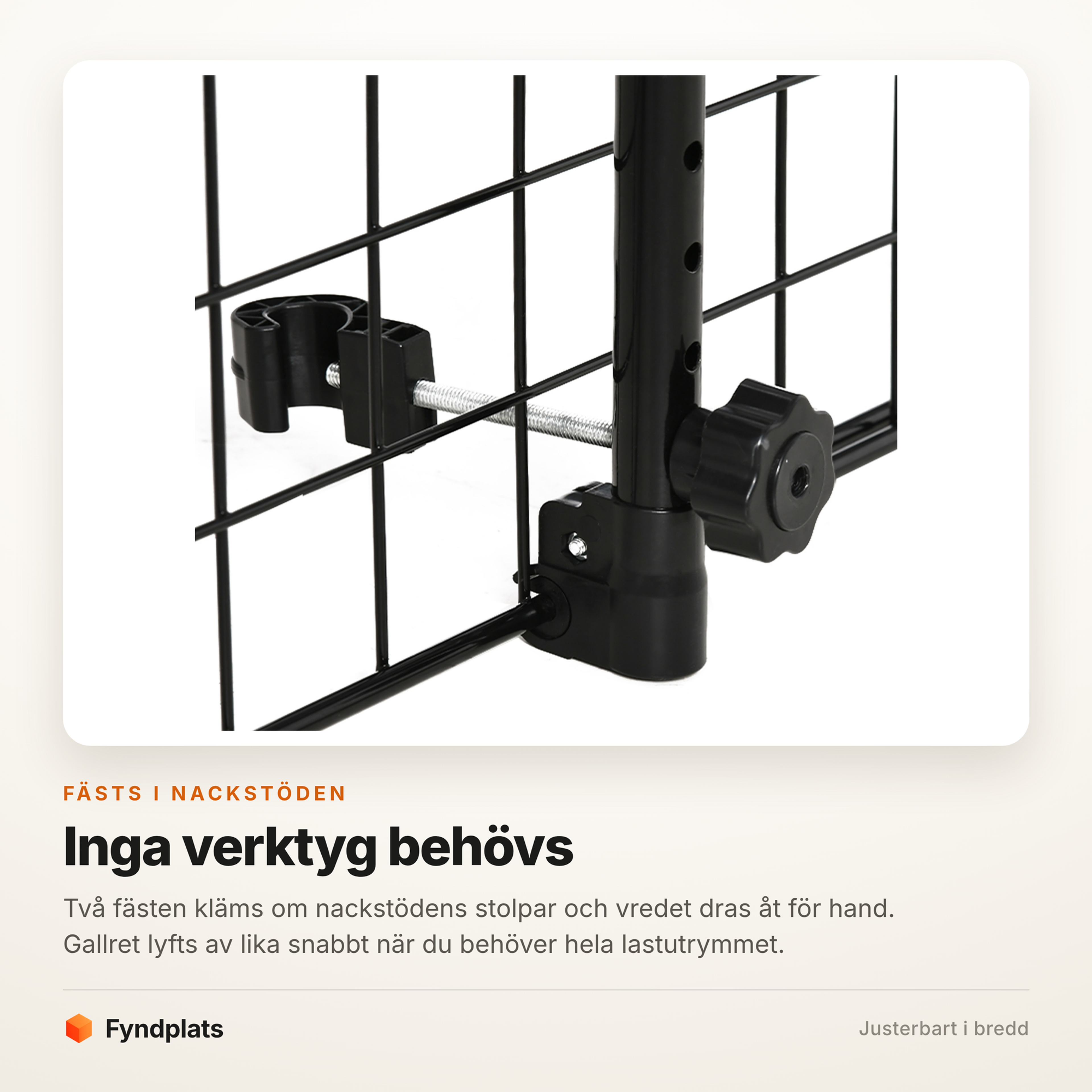 Fyndplats-kort med närbild på fästet som kläms om nackstödets stolpe