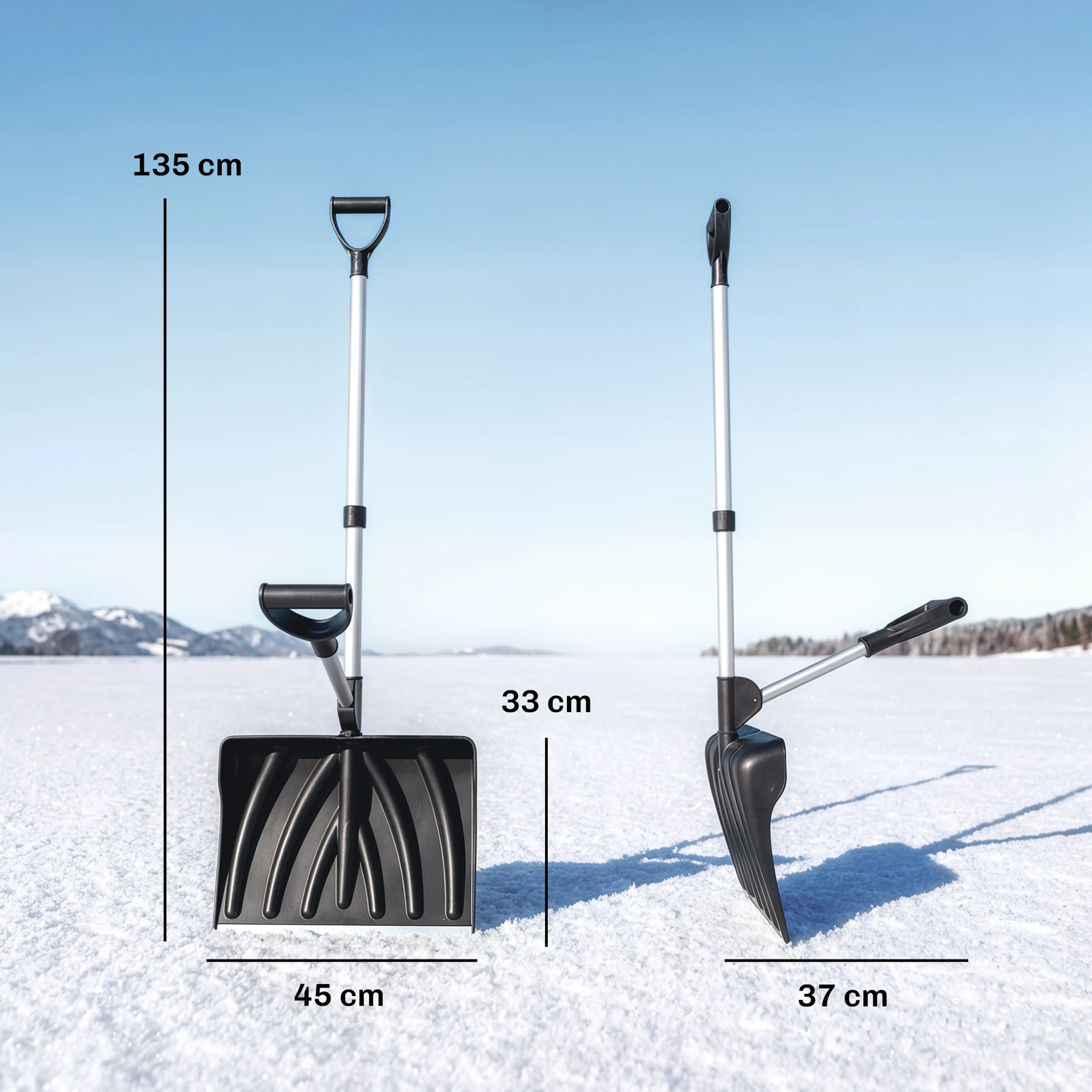 Måttbild: skyffeln är 135 cm hög och skopan 45 cm bred och 33 cm djup