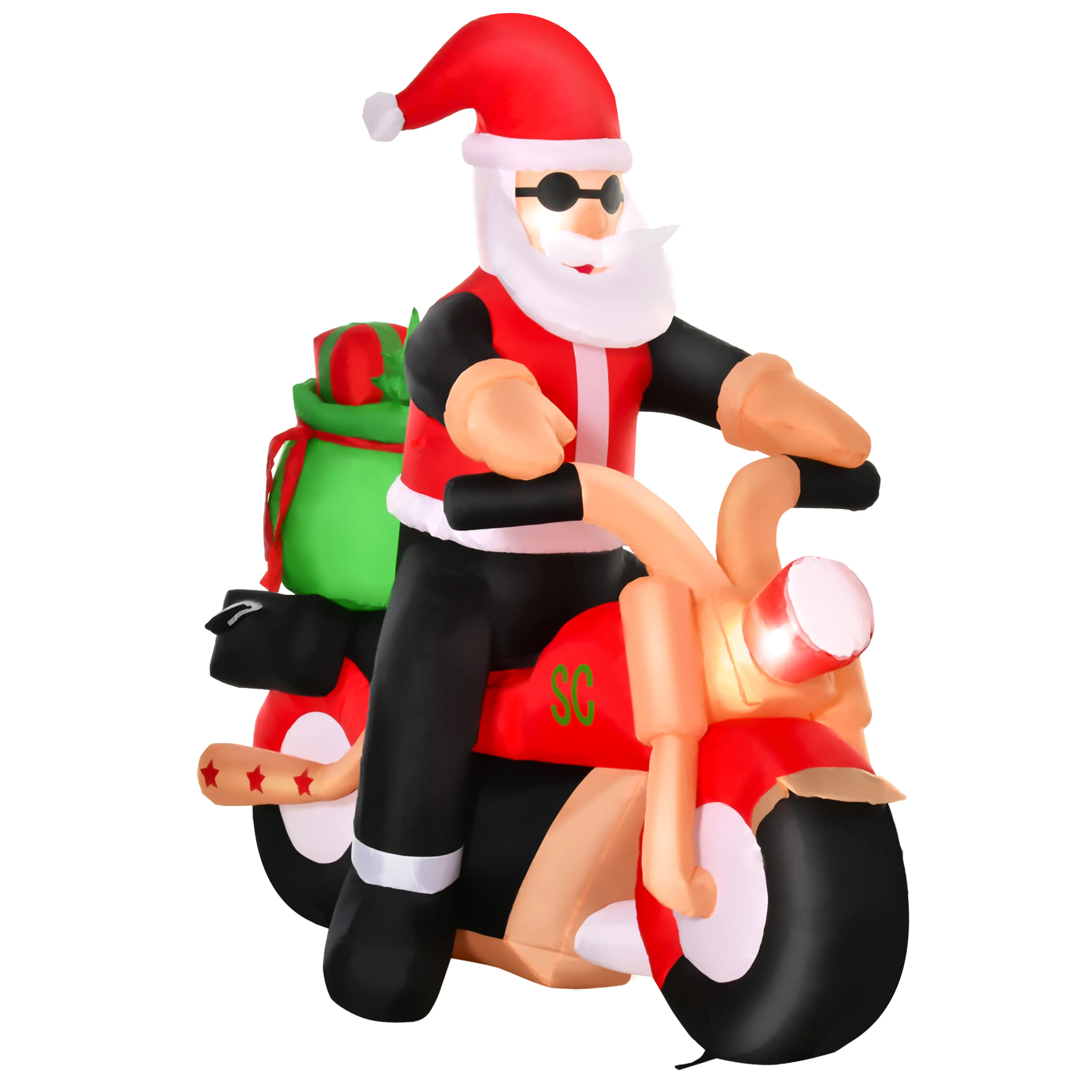 Uppblåsbar tomte med solglasögon och svart jacka på en röd motorcykel med grön julklappssäck, på vit bakgrund
