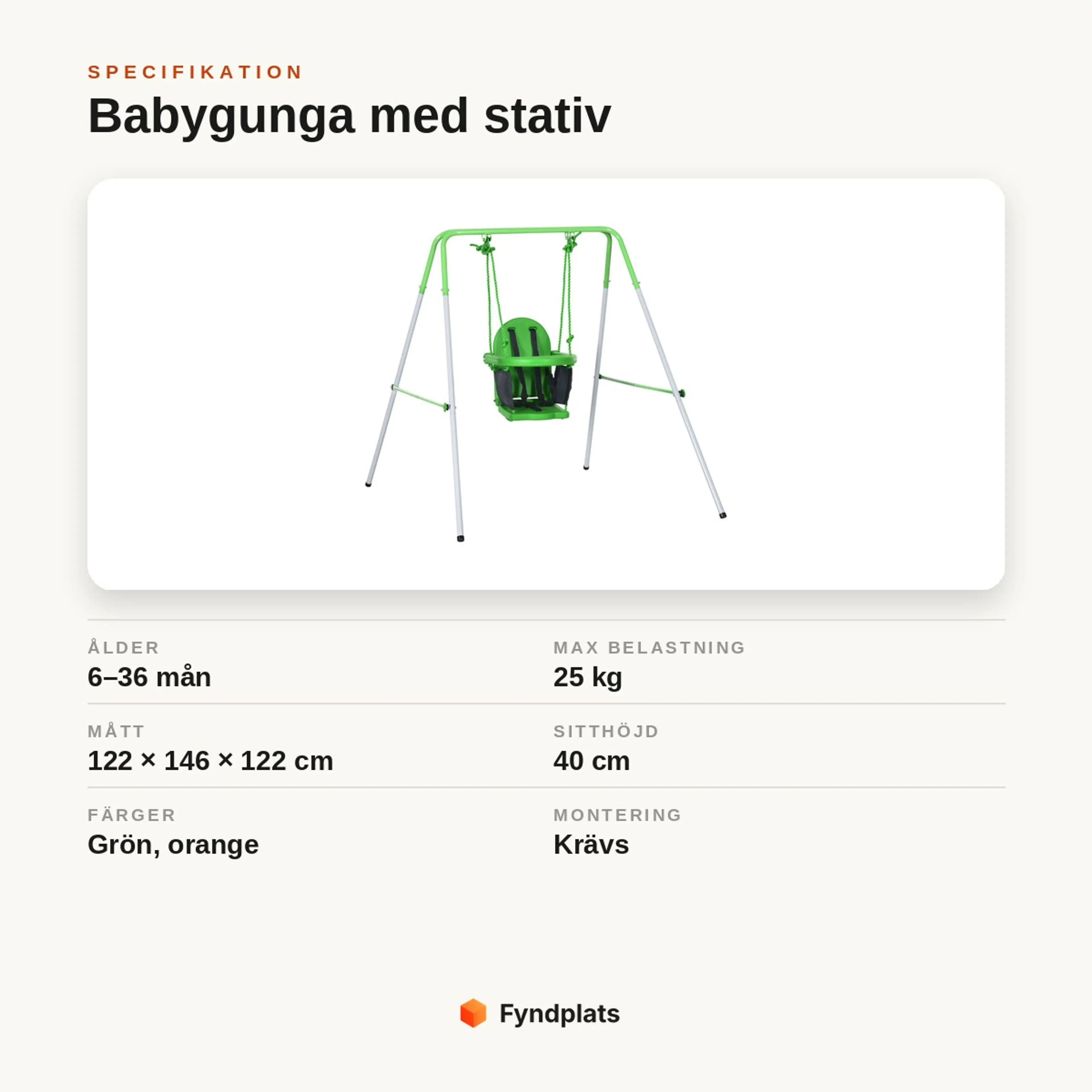 Specifikationskort: babygunga med stativ för 6–36 mån, max 25 kg, mått 122 × 146 × 122 cm, finns i grön och orange