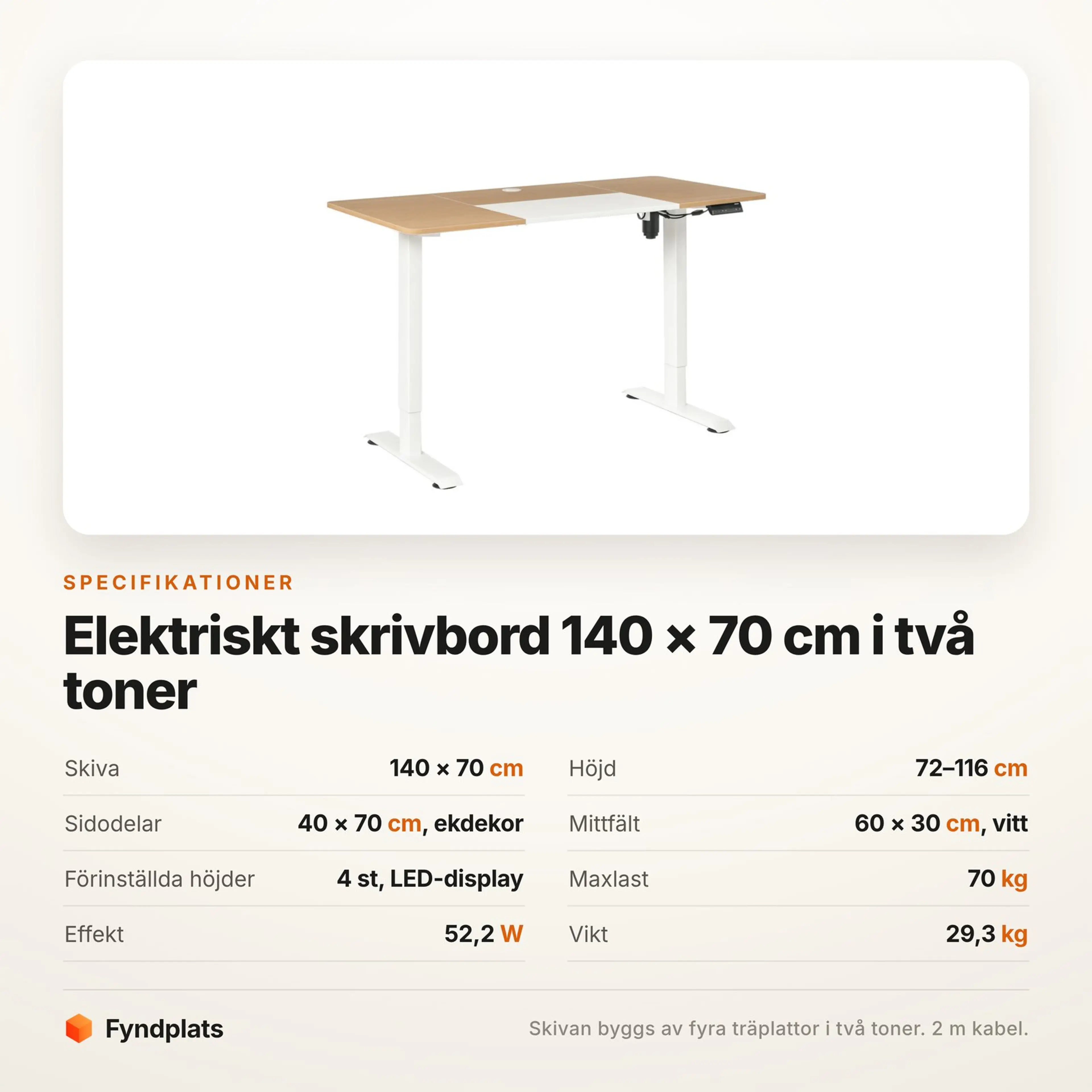 Fyndplats specifikationskort med bordets mått, skivans delar och maxlast