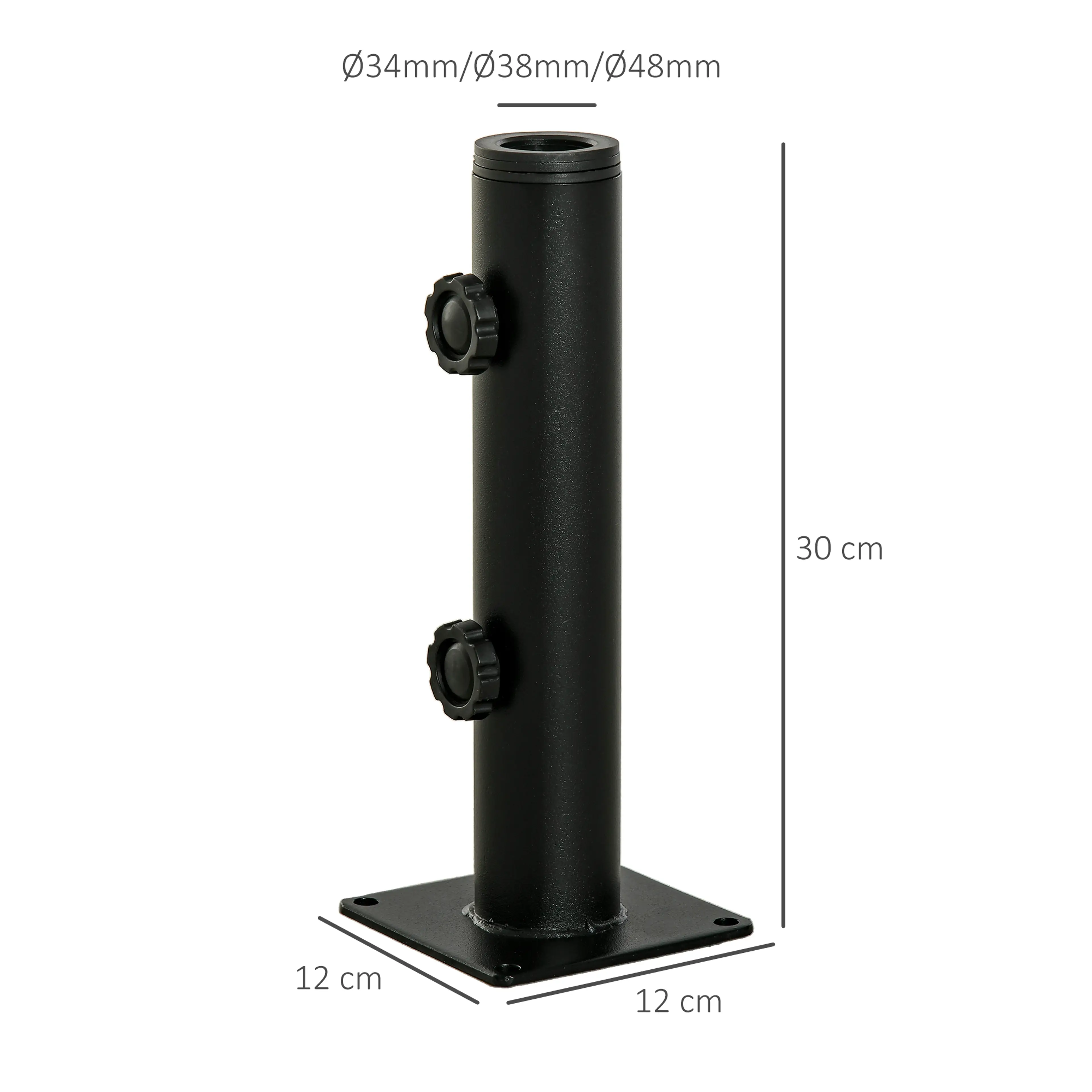 Måttskiss över parasollfoten: 30 cm hög med bottenplatta på 12 x 12 cm