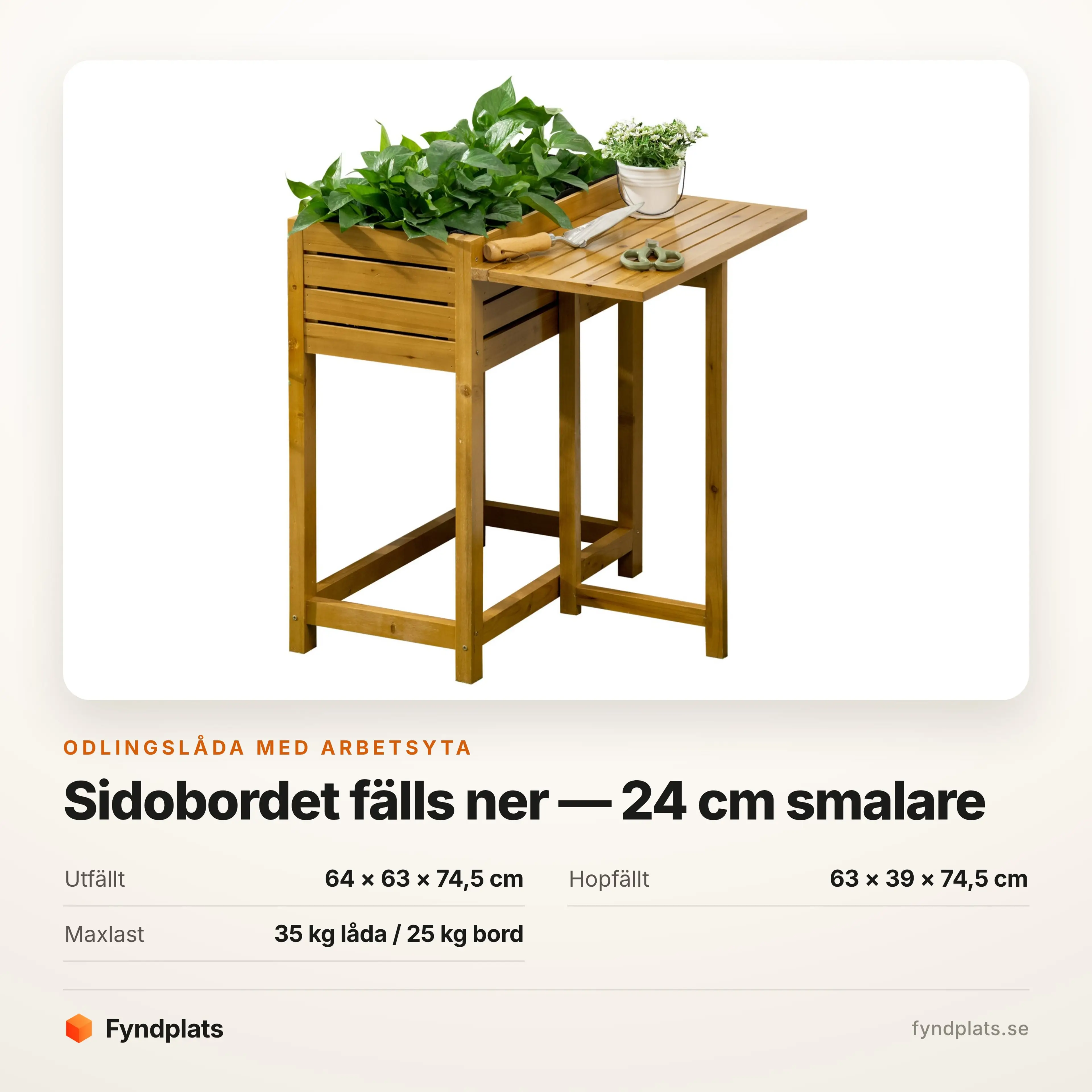 Specifikation: utfällt 64 × 63 cm, hopfällt 63 × 39 cm, maxlast 35 kg i lådan och 25 kg på bordet