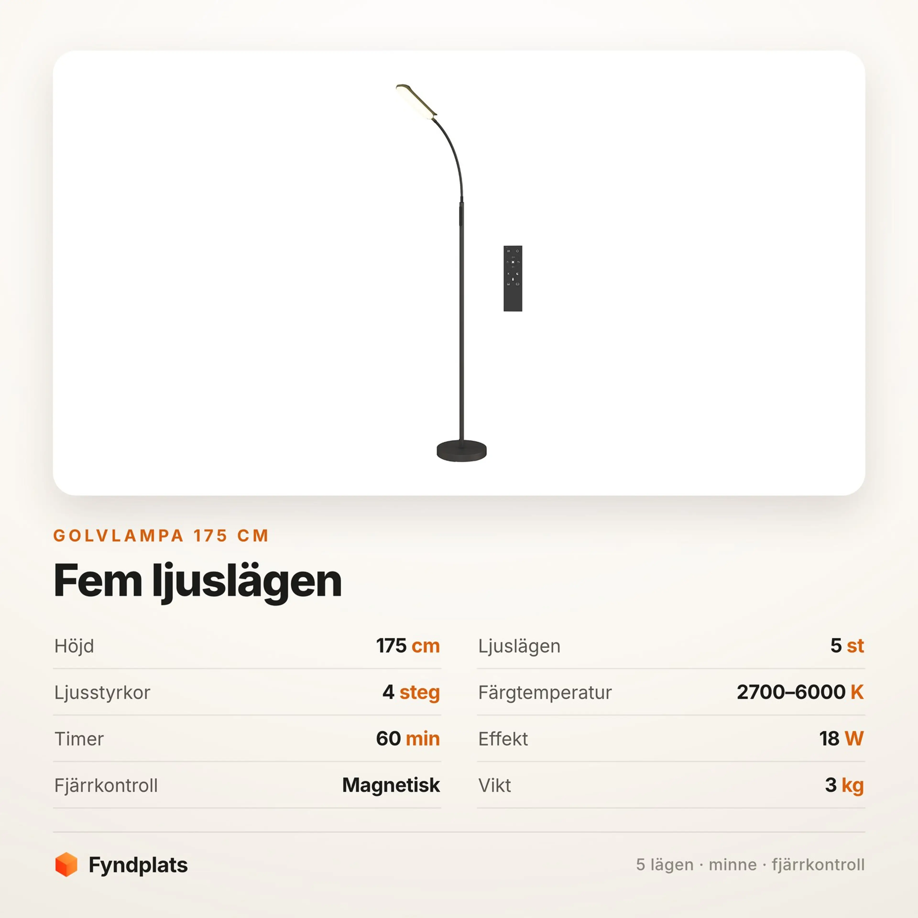 Faktakort: golvlampa 175 cm med fem ljuslägen, fyra ljusstyrkor och 60-minuterstimer