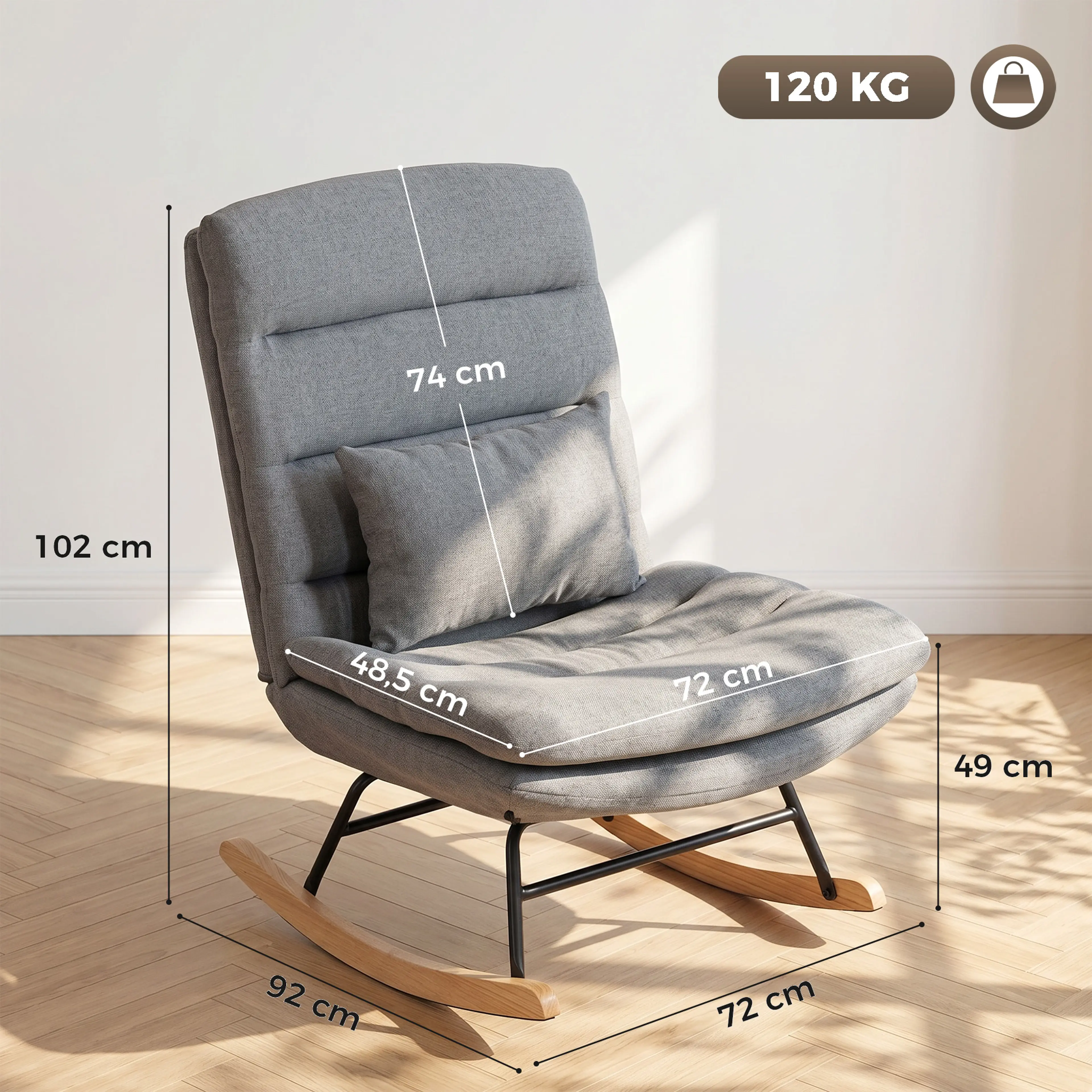 Måttskiss: 92 × 72 cm golvyta, 102 cm höjd, 74 cm rygg och 120 kg maxlast