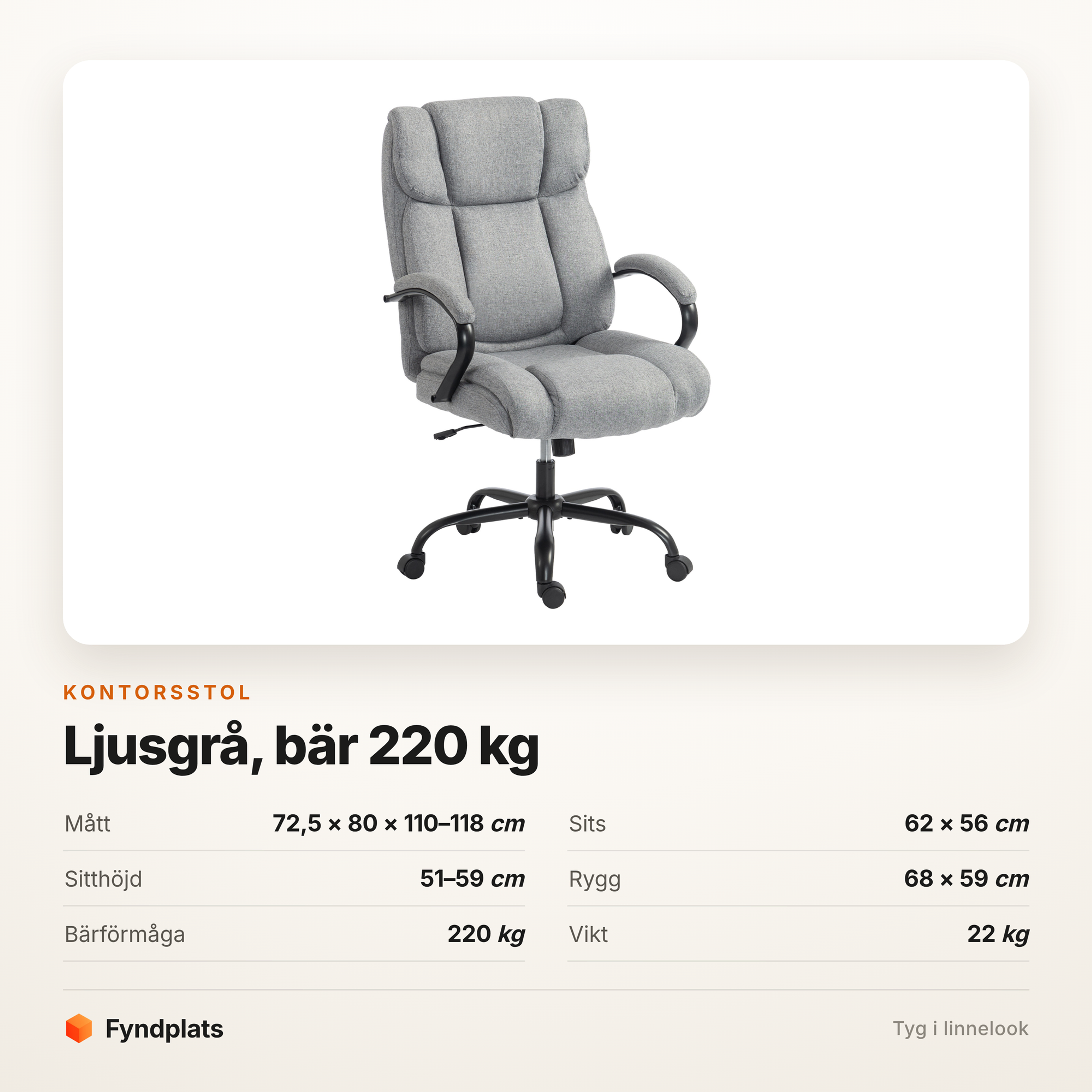 Kontorsstol som bär 220 kg – 62 cm bred sits, tyg i linnelook – bild 5