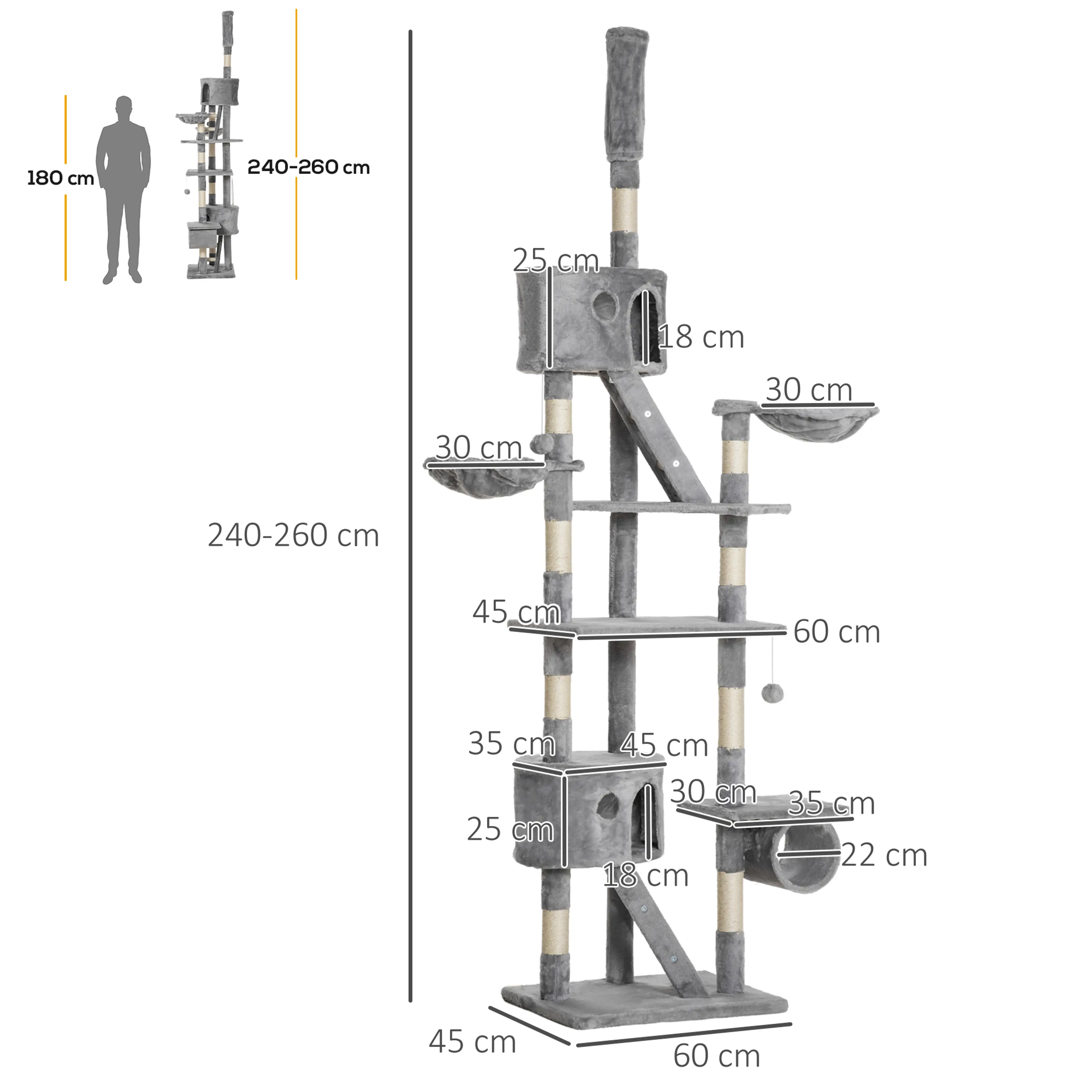 Måttskiss: 240–260 cm högt, fotplatta 60 × 45 cm, grotta 25 cm