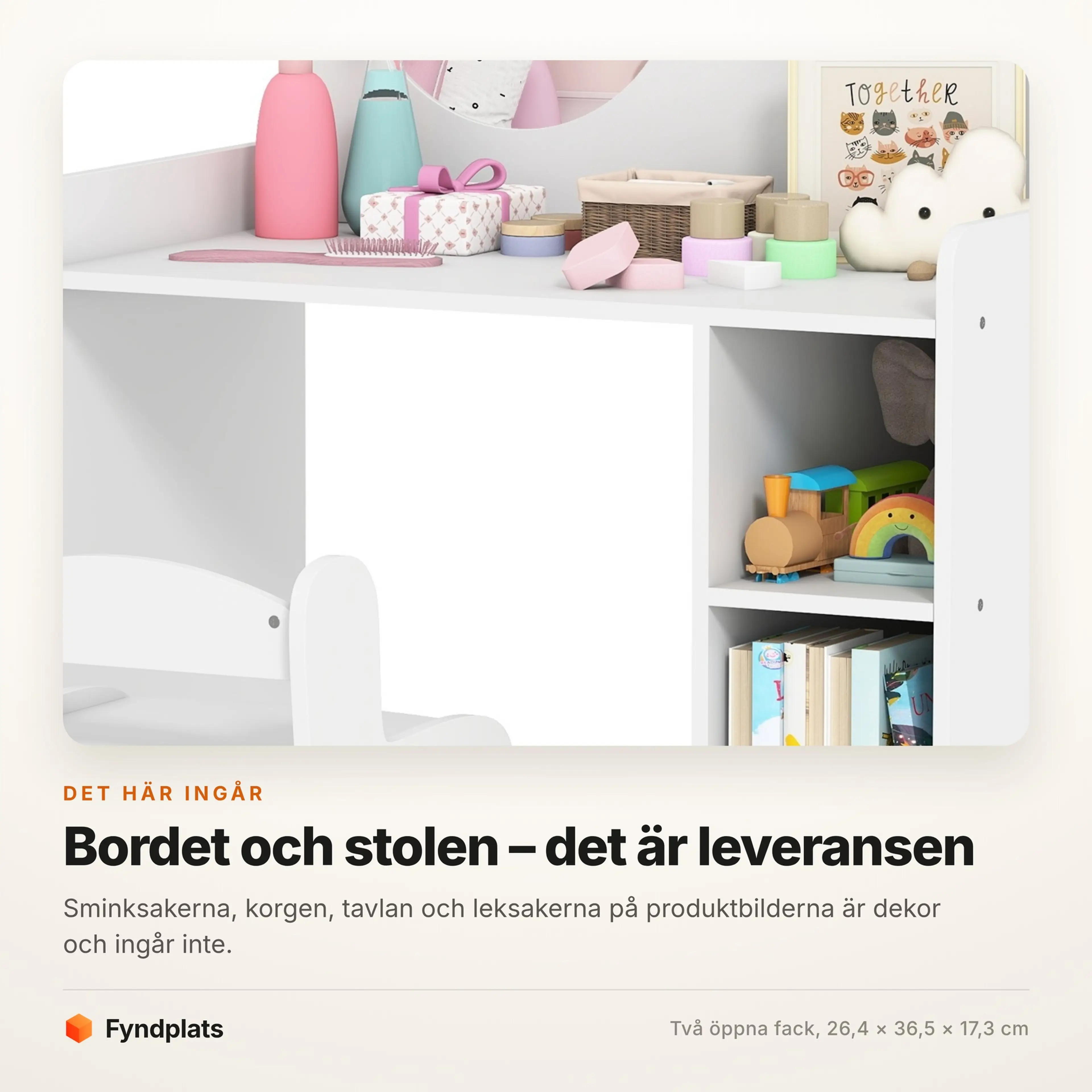 Sminkbordets skiva och öppna fack med dekorföremål som inte ingår i leveransen