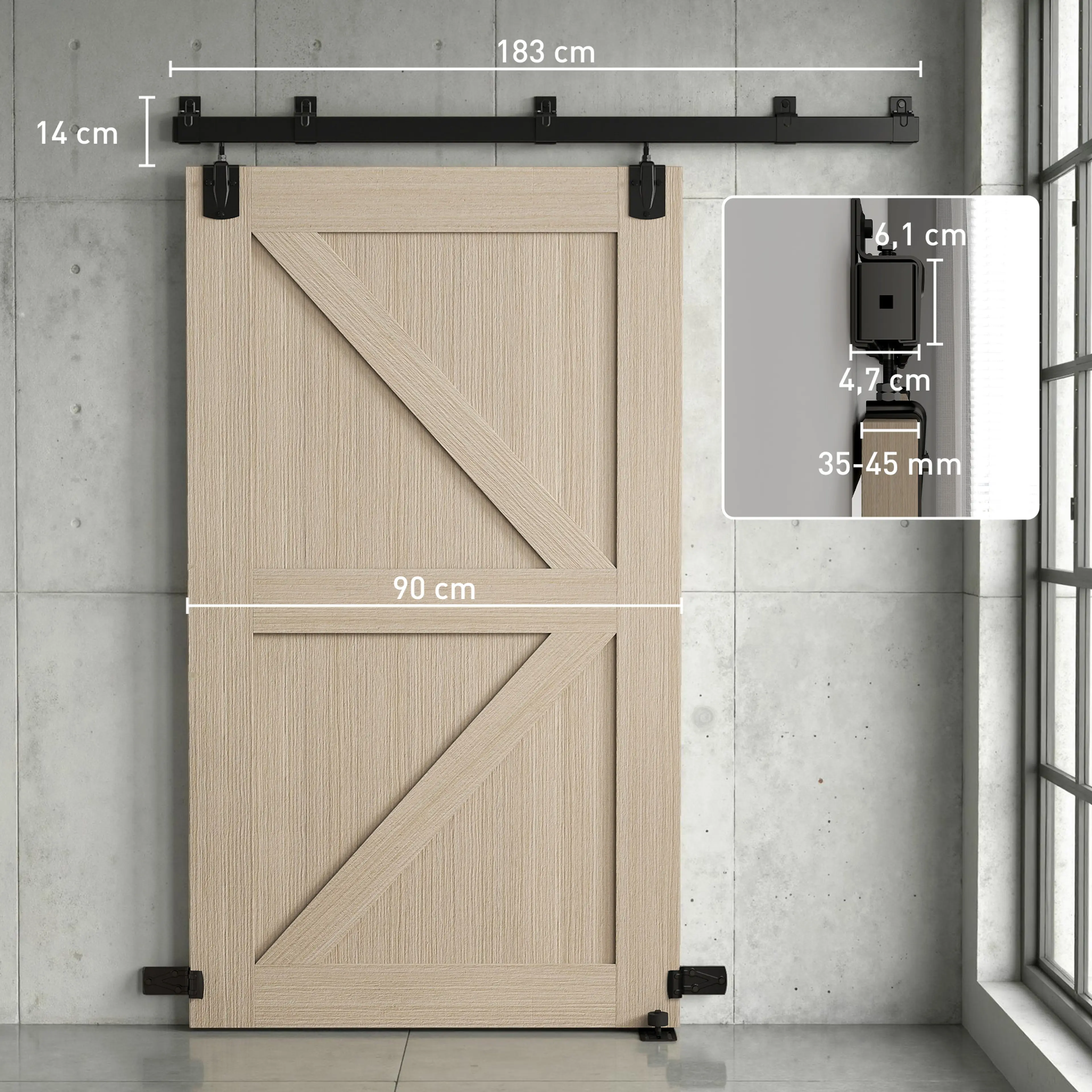 Måttbild: skenan är 183 cm lång och passar dörrar upp till 90 cm breda och 35–45 mm tjocka