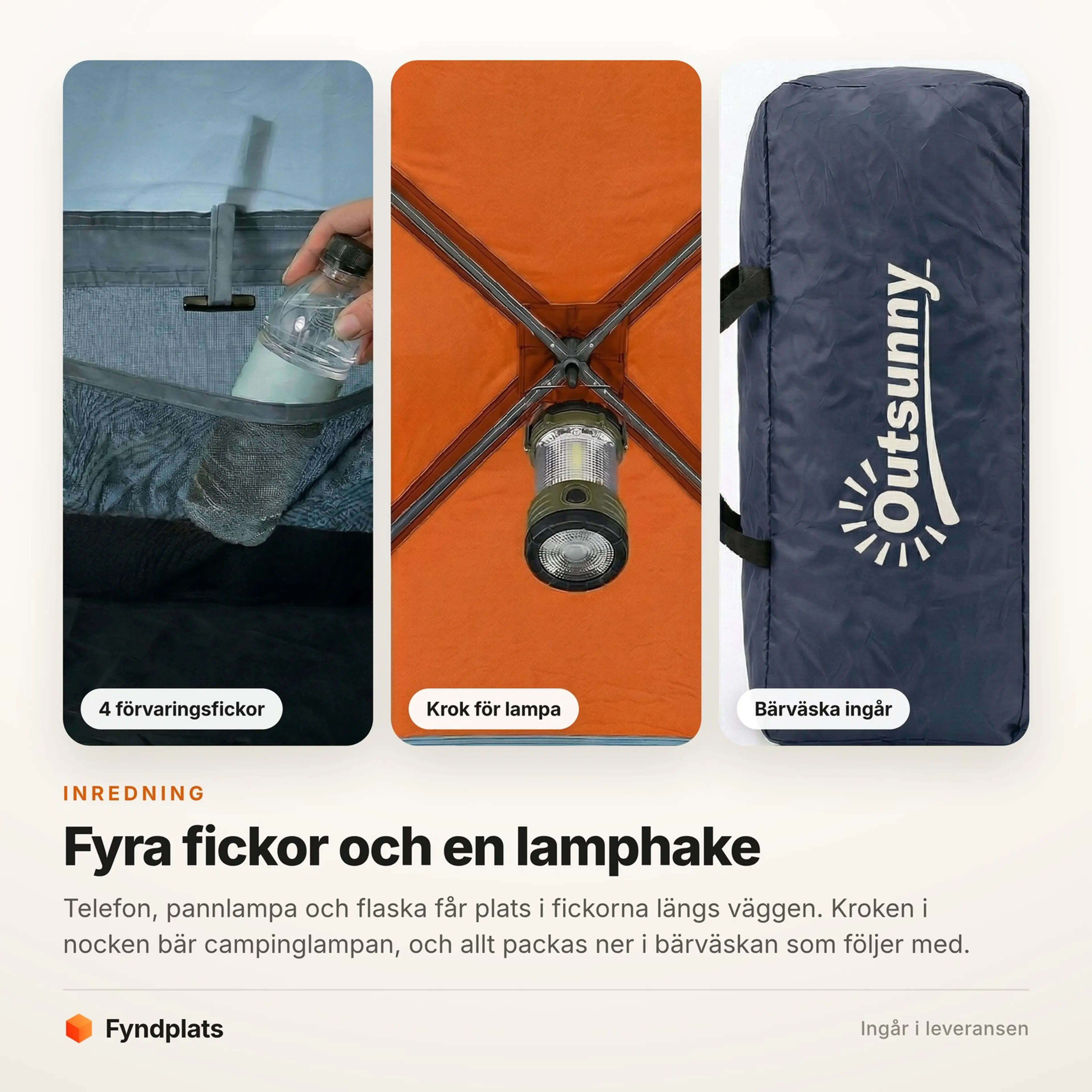 Detaljer i tunneltältet: förvaringsficka med flaska, campinglampa i takkroken och bärväskan