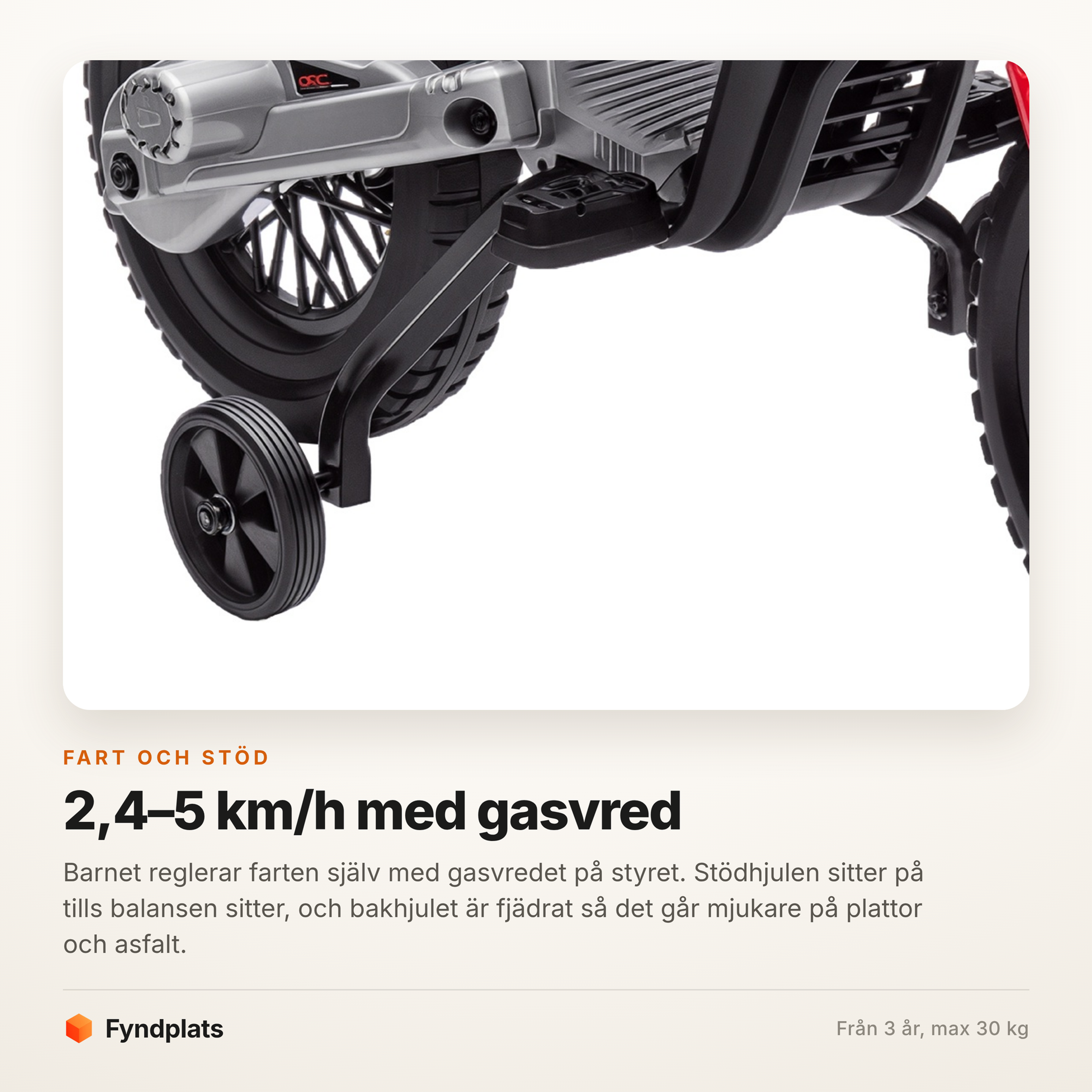 Stödhjul och fjädrat bakhjul sett underifrån