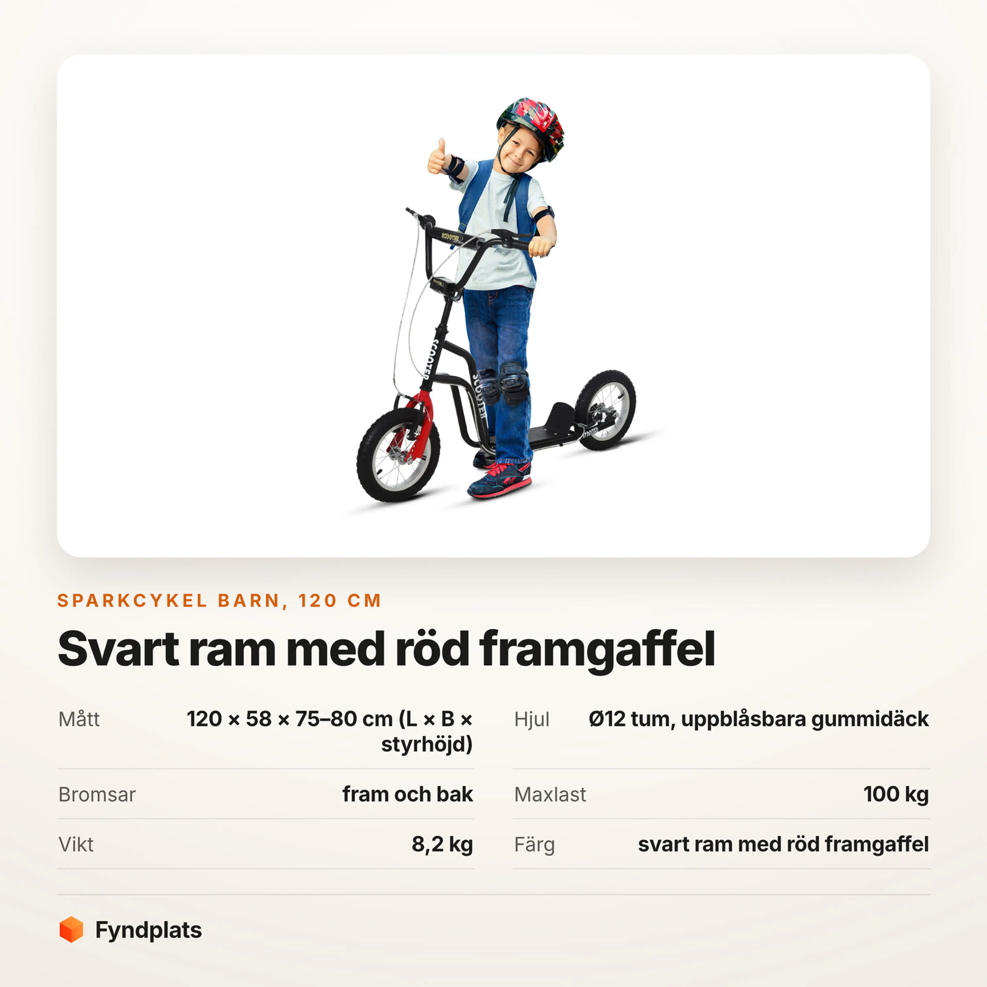 Faktakort för svart sparkcykel barn: 120 cm lång, styre från 75 cm och 8,2 kg