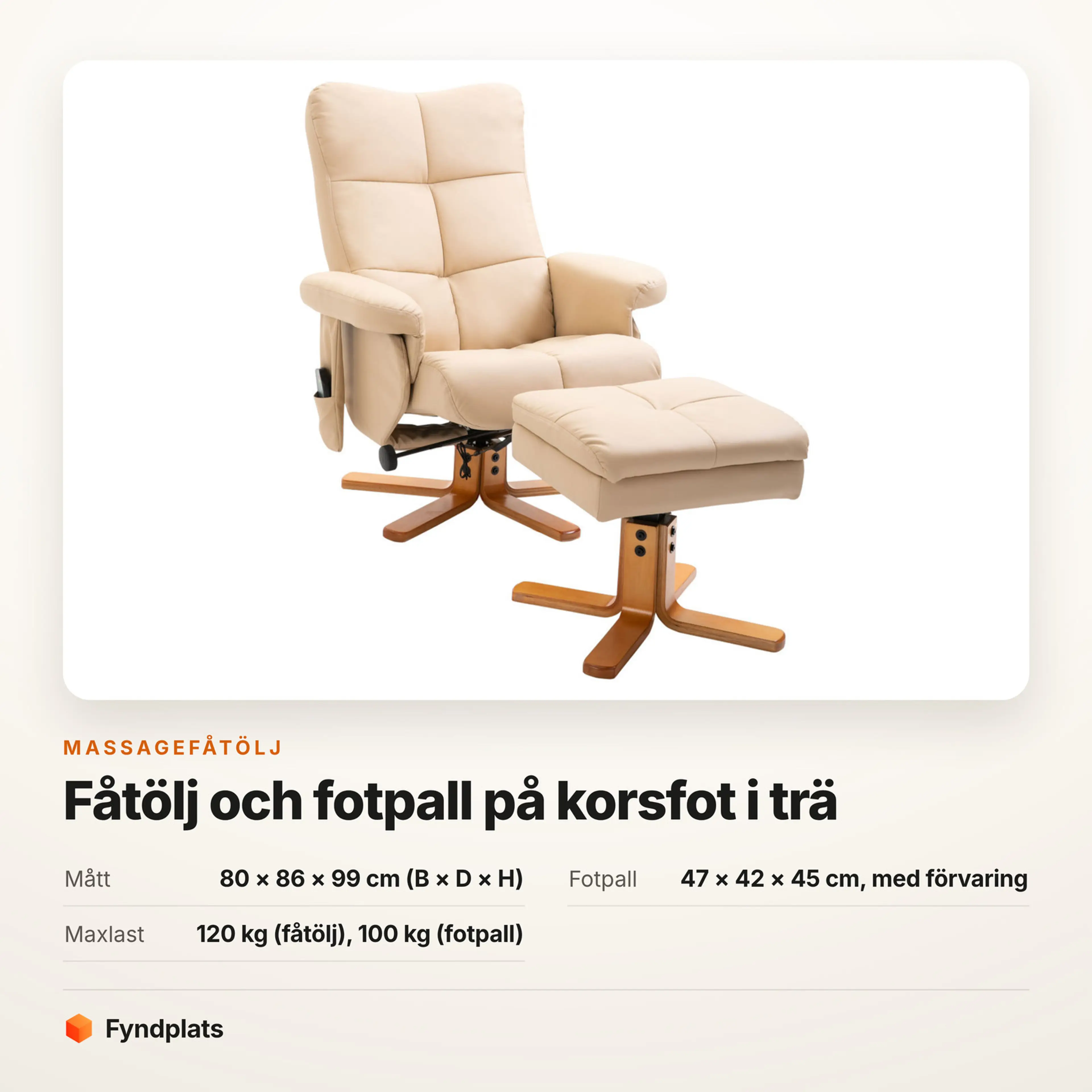 Fyndplats produktkort: cremevit massagefåtölj på korsfot i trä, med mått, fotpall och maxlast