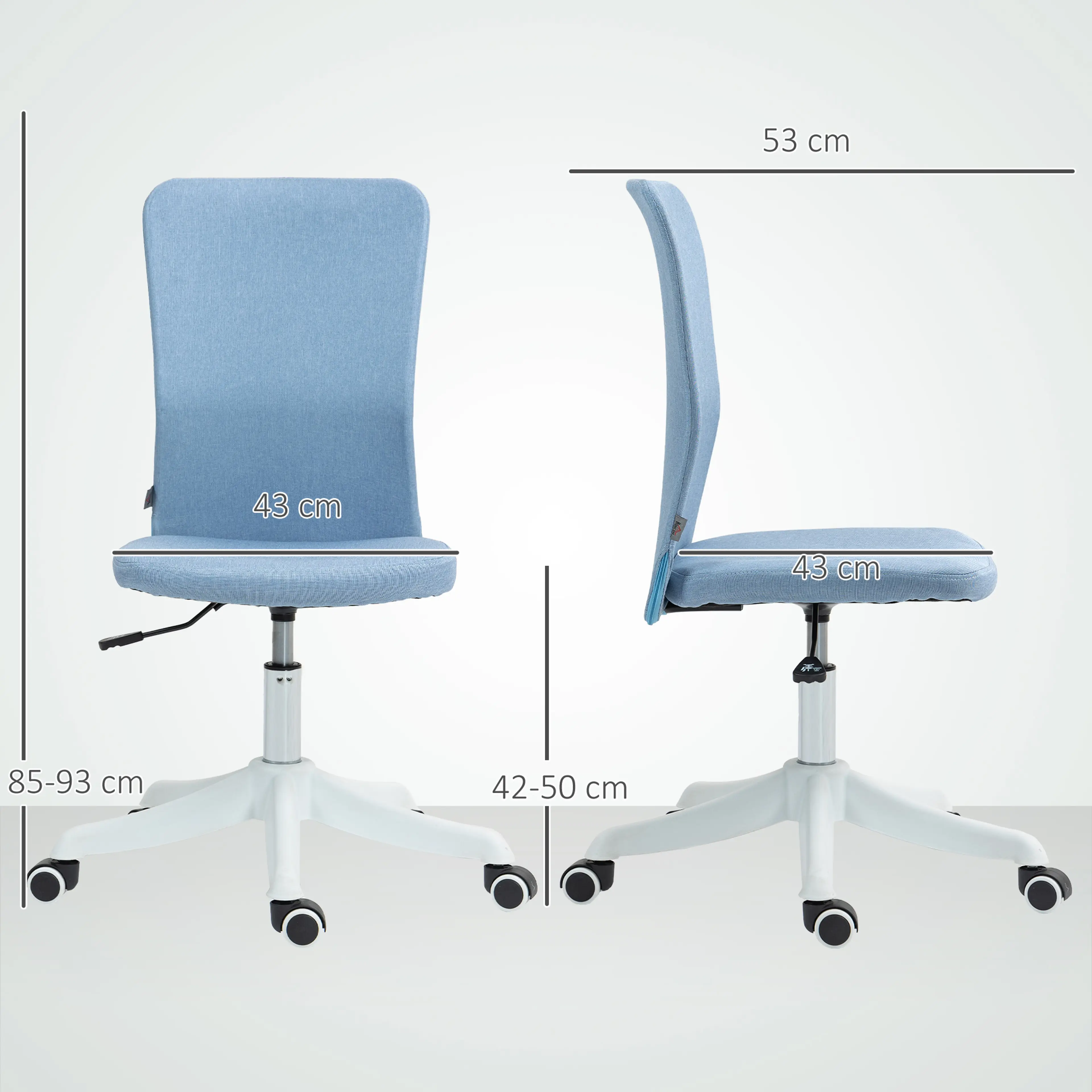 Måttskiss som visar 53 cm bredd och 85–93 cm höjd