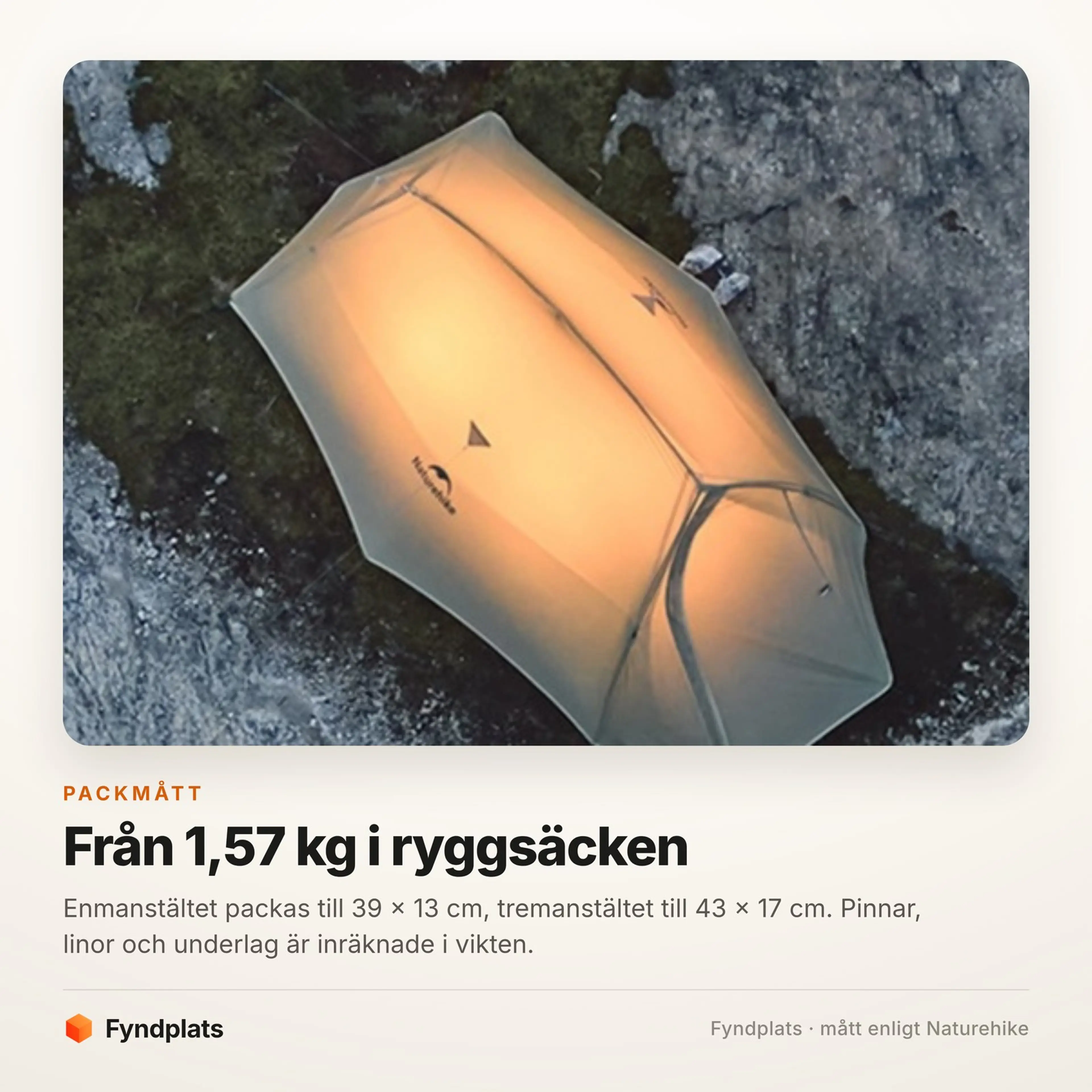 Kupoltältet inifrån upplyst, fotograferat uppifrån på en klippa i mörkret
