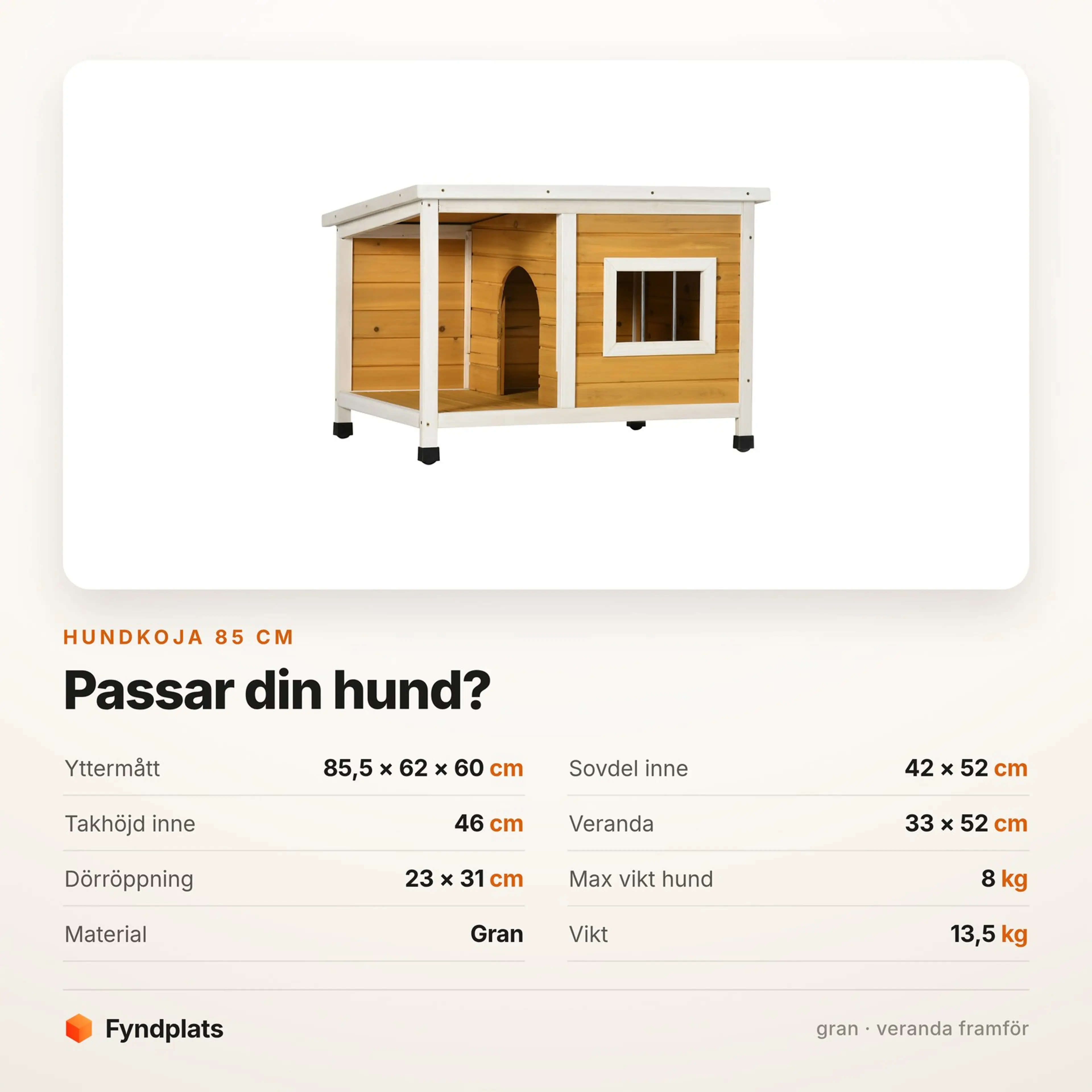 Faktakort: hundkoja 85 cm i gran med veranda — mått och högsta hundvikt