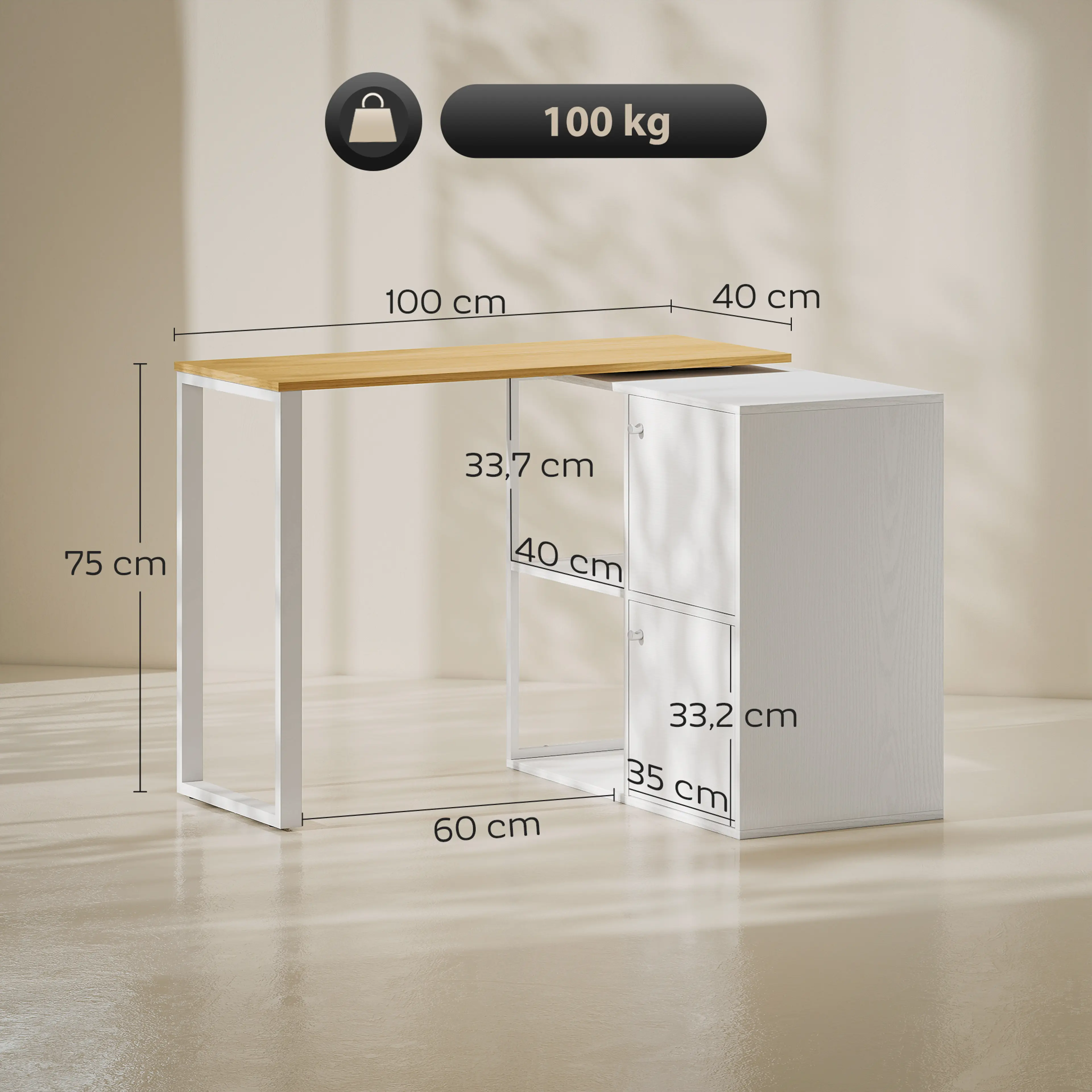 Måttbild som visar skivan 100 × 40 cm, höjden 75 cm och benutrymmet 60 cm