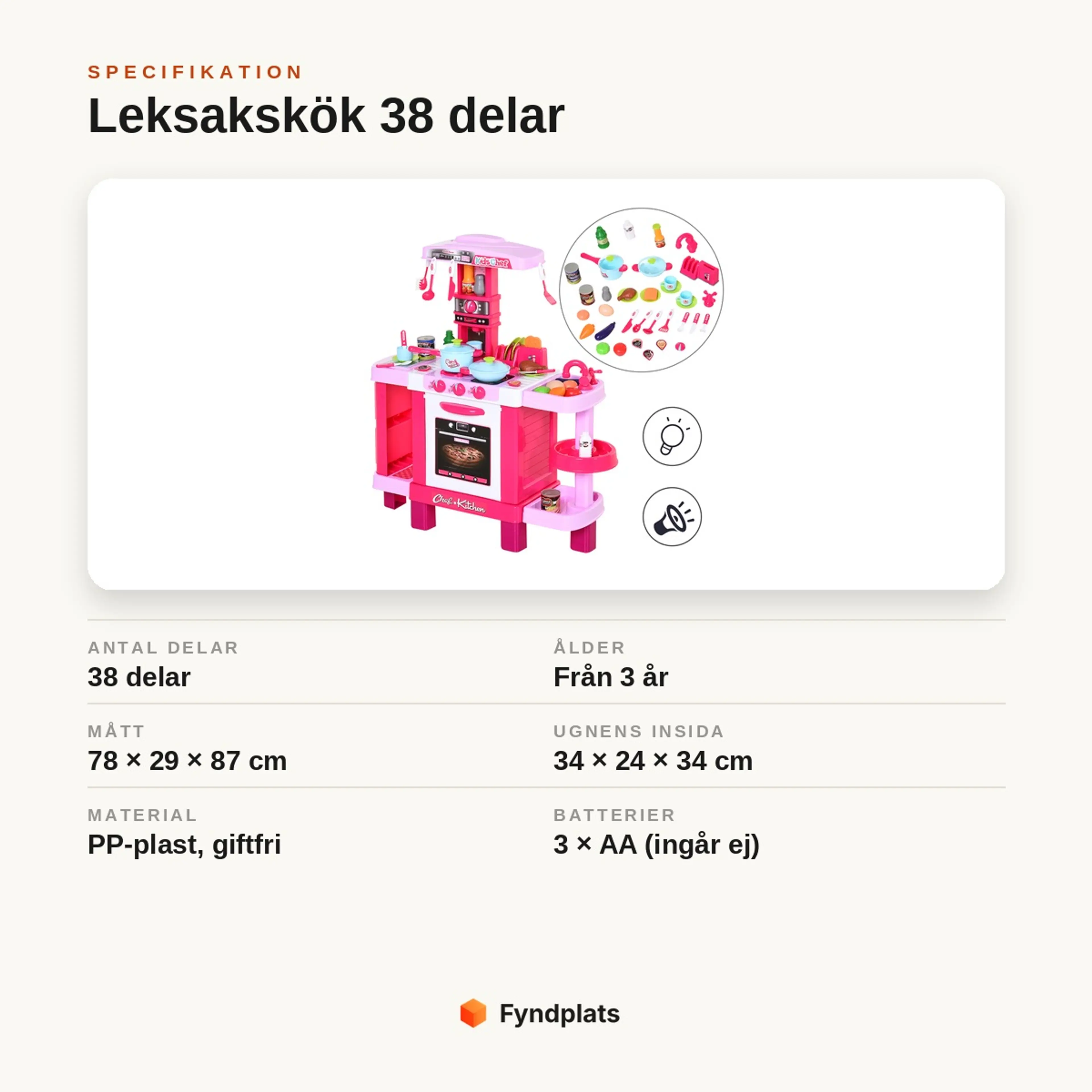 Specifikation för leksakskök: 38 delar, från 3 år, mått 78 × 29 × 87 cm, giftfri PP-plast.
