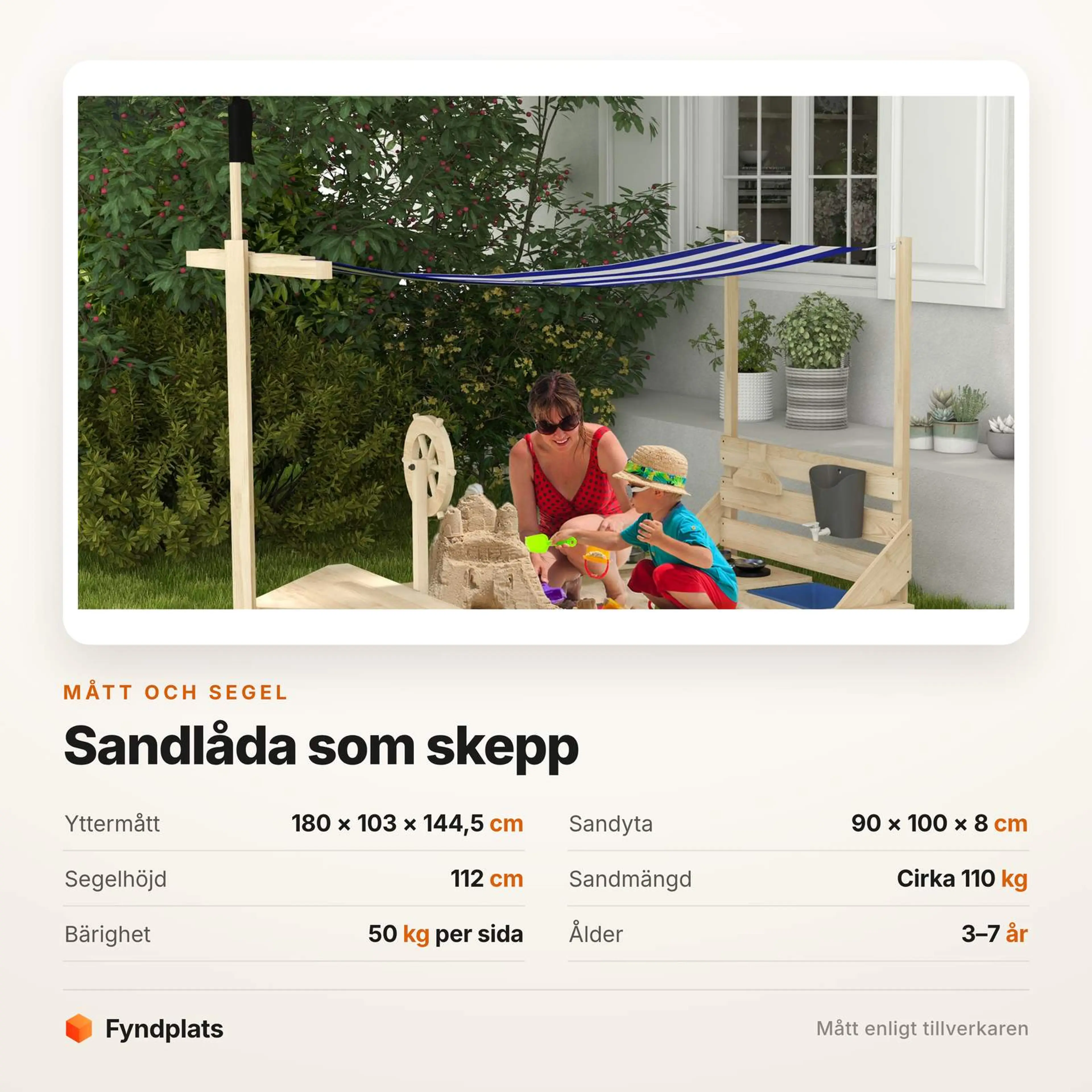 Måttkort: yttermått 180 × 103 × 144,5 cm och sandyta 90 × 100 cm
