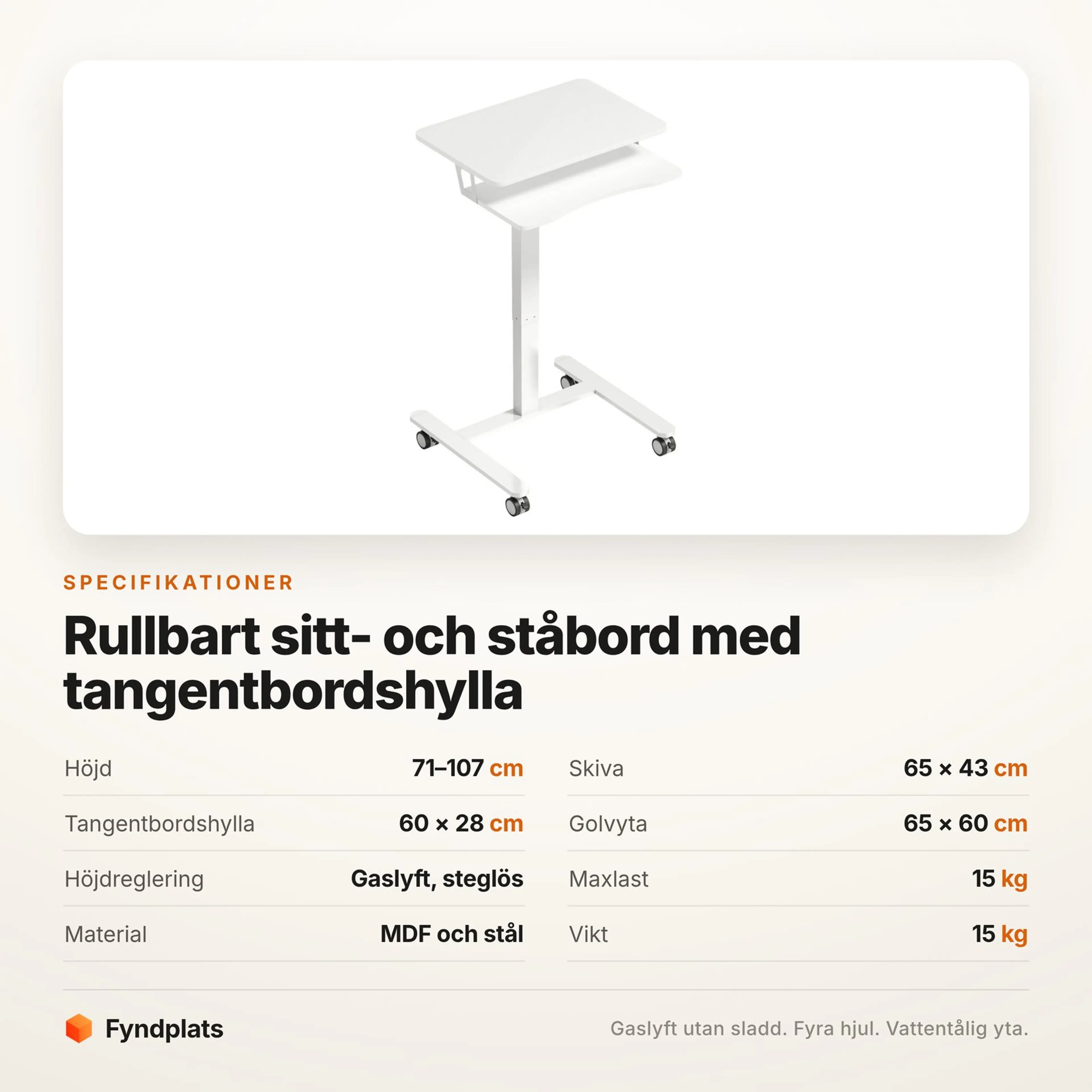 Fyndplats specifikationskort med bordets höjdspann, skiva och maxlast
