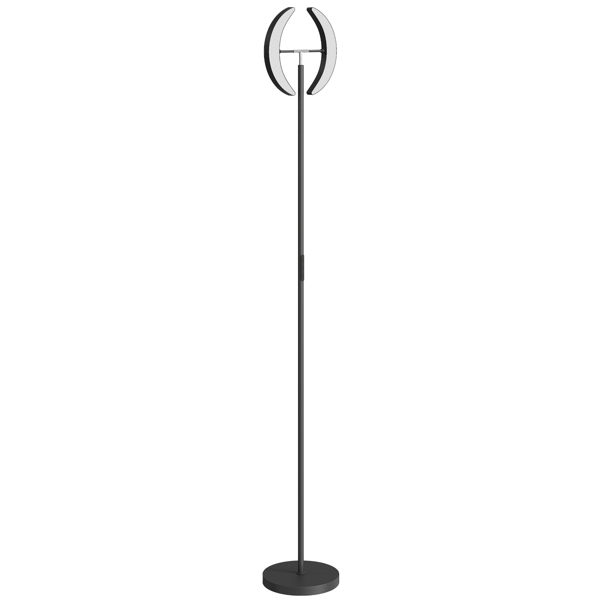 Svart golvlampa med två bågformade huvuden på en smal stolpe och en rund fot, mot vit bakgrund