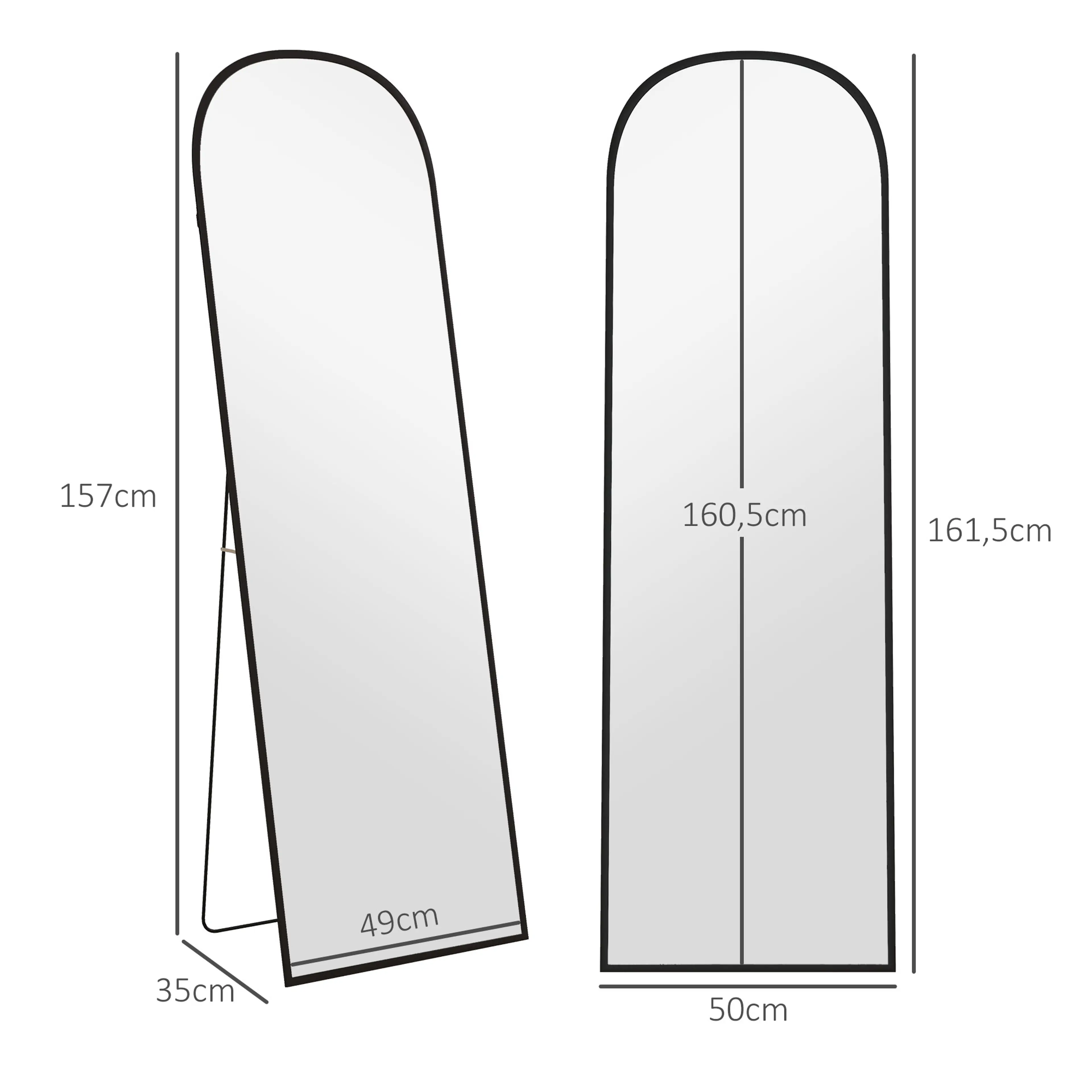 Måttbild: spegeln är 161,5 cm hög och 50 cm bred, glaset 49 cm brett och stödet når 35 cm bakåt