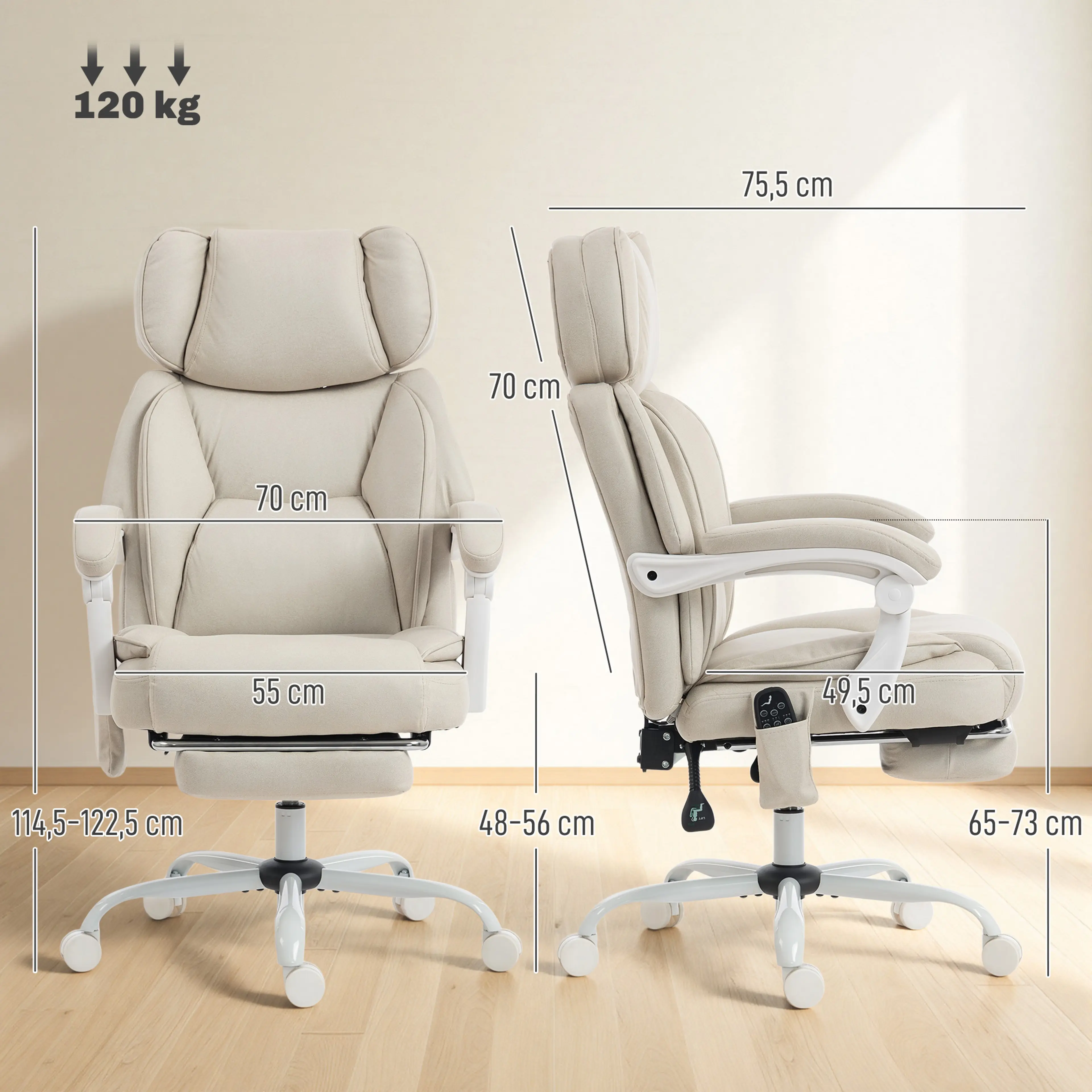 Massagestol cremevit med tre låsbara ryggvinklar – 147 cm utfälld, värme – bild 4