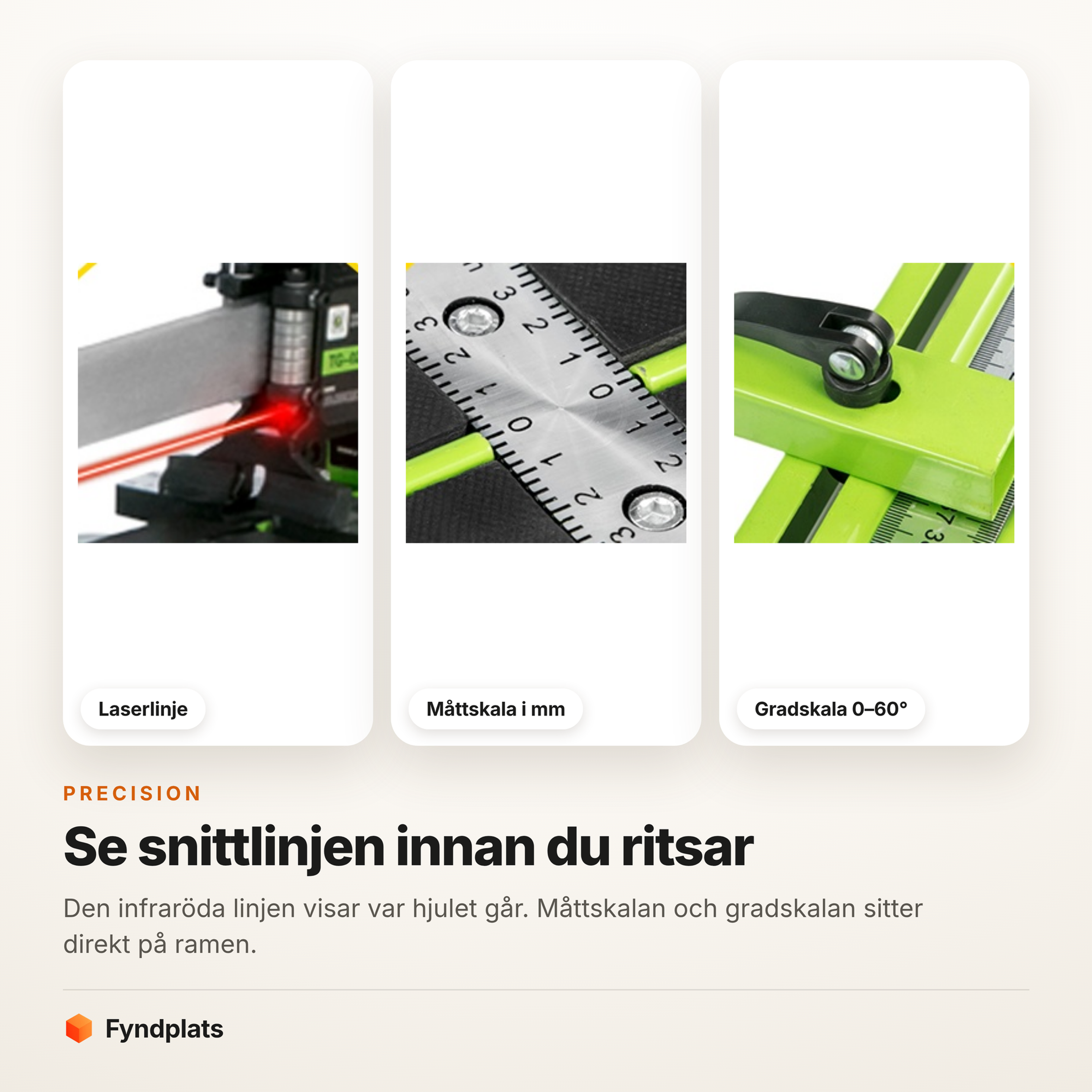 Laserlinje, måttskala i millimeter och gradskala 0–60 grader