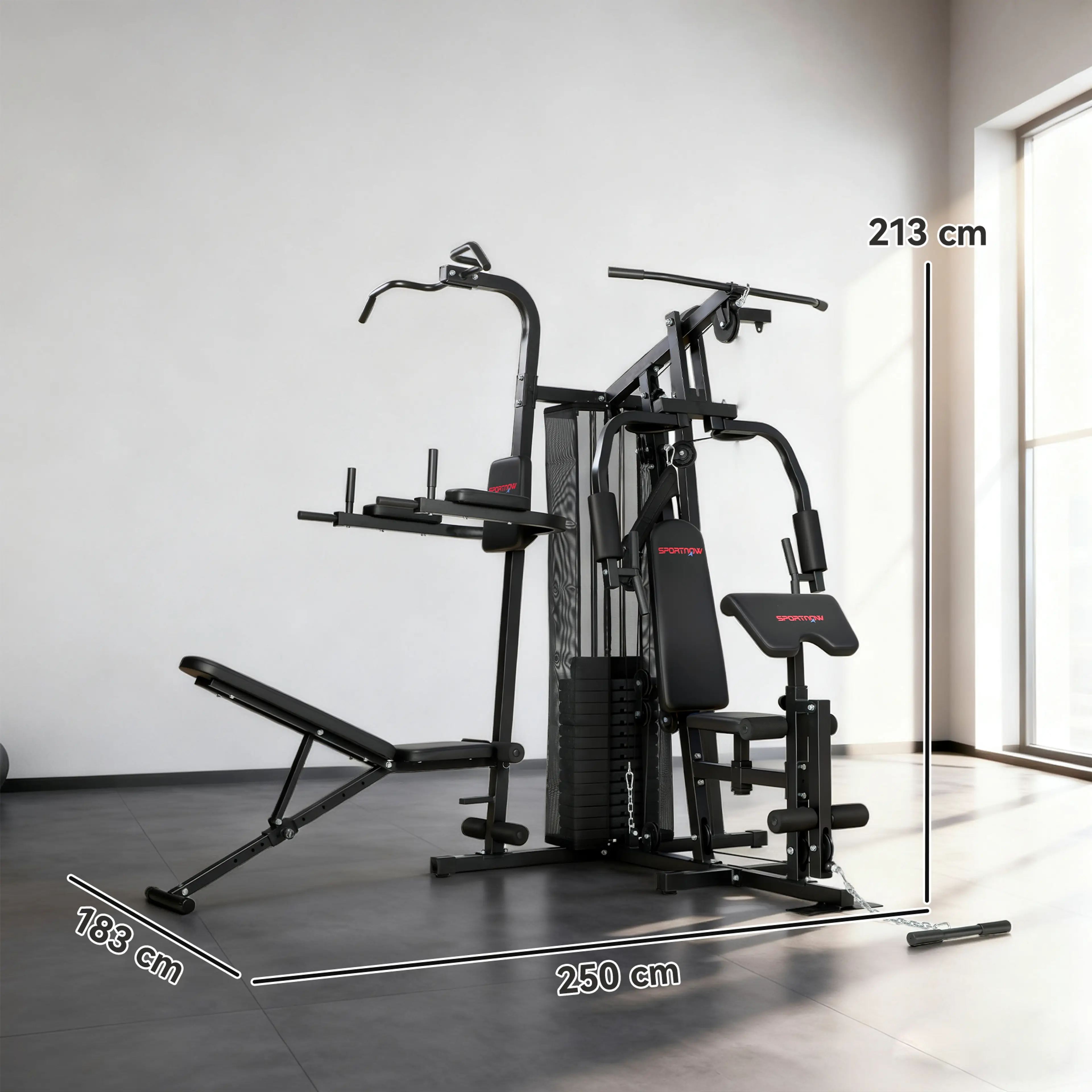 Måttritning: 250 × 183 × 213 cm med bänk och dipstation