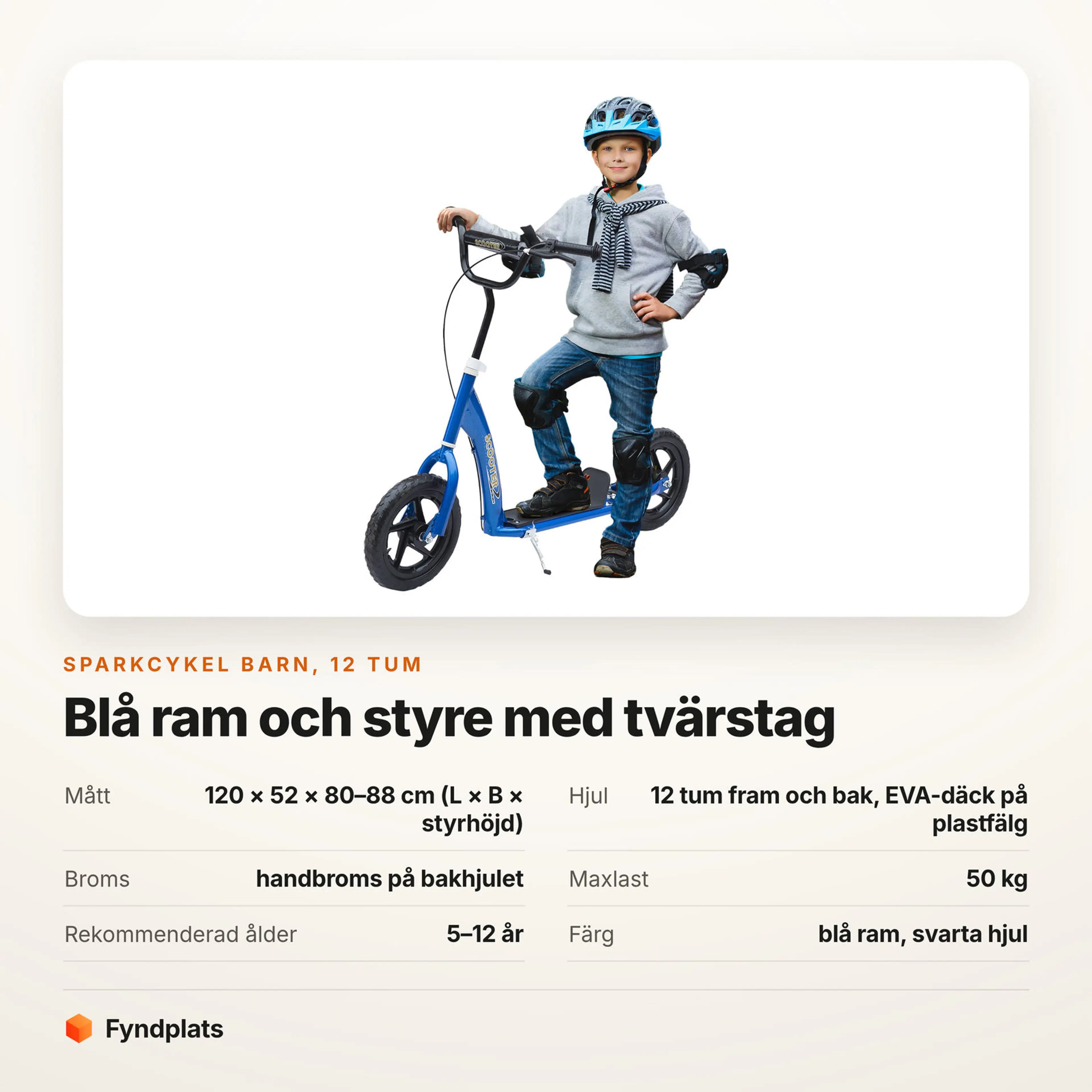 Faktakort för blå sparkcykel barn: 120 cm lång, 12-tumshjul, maxlast 50 kg