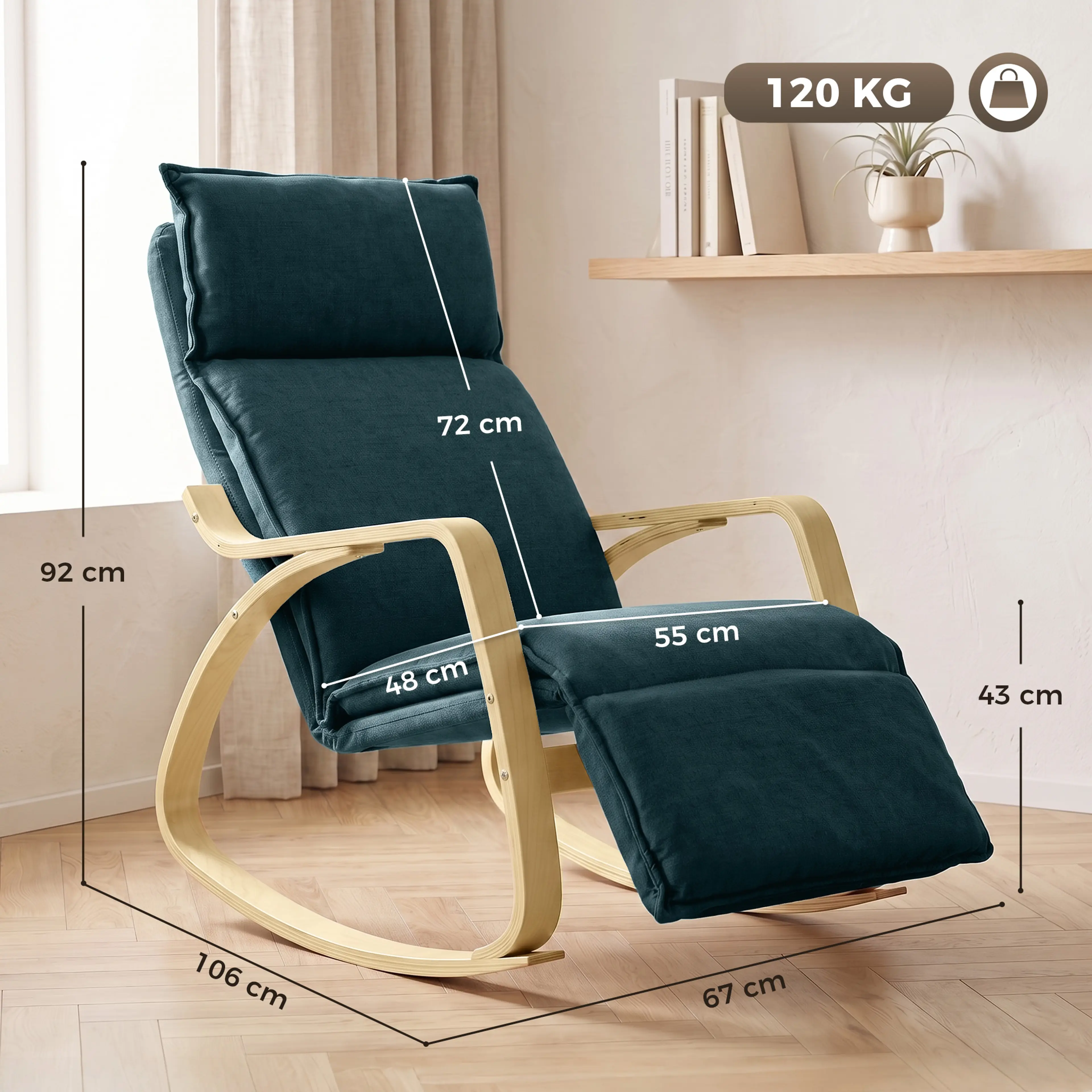 Måttritning för gungfåtölj: 67 × 106 × 92 cm, rygg 72 cm, maxlast 120 kg