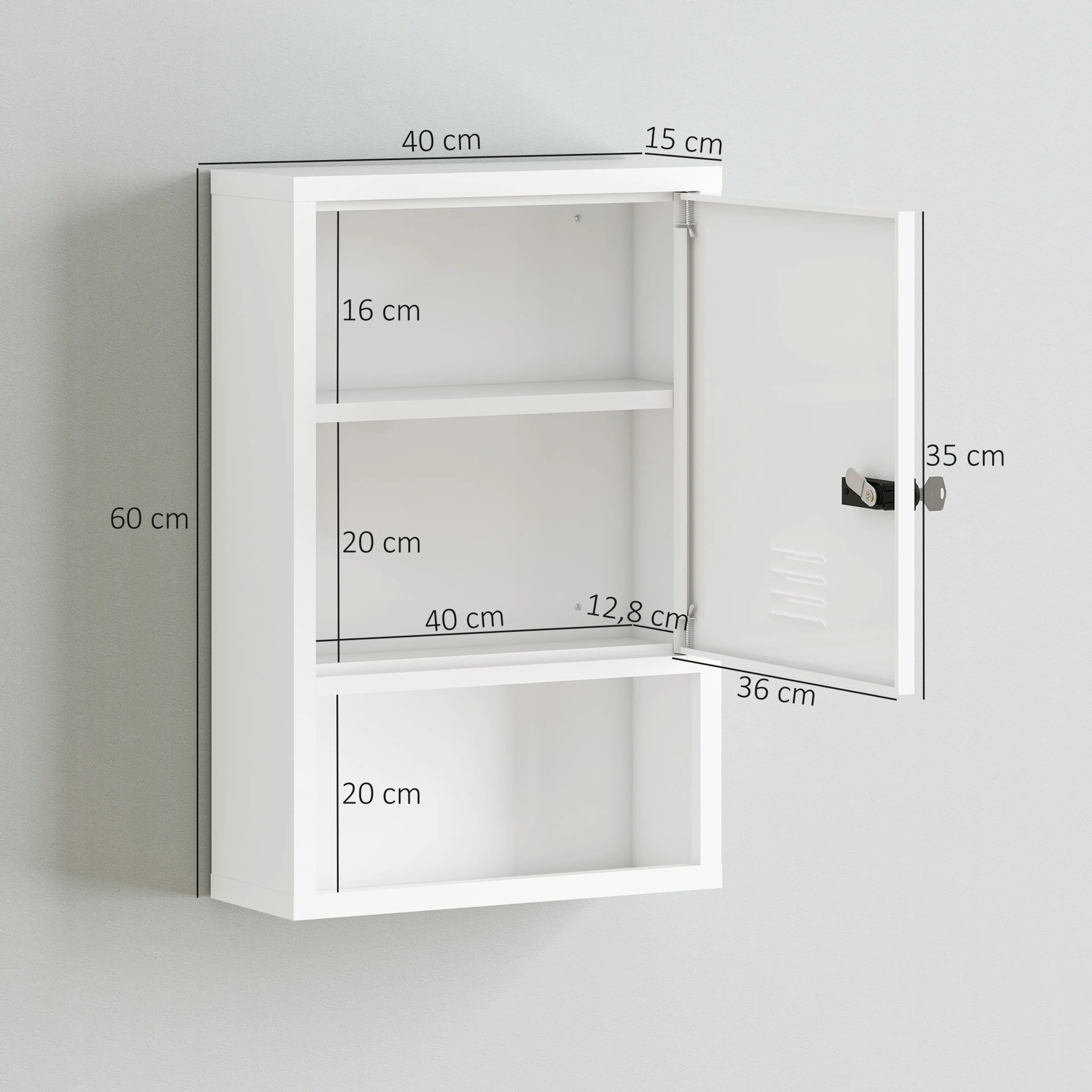 Måttskiss: skåpet 40 × 15 × 60 cm, dörr 36 × 35 cm och öppen hylla 20 cm hög