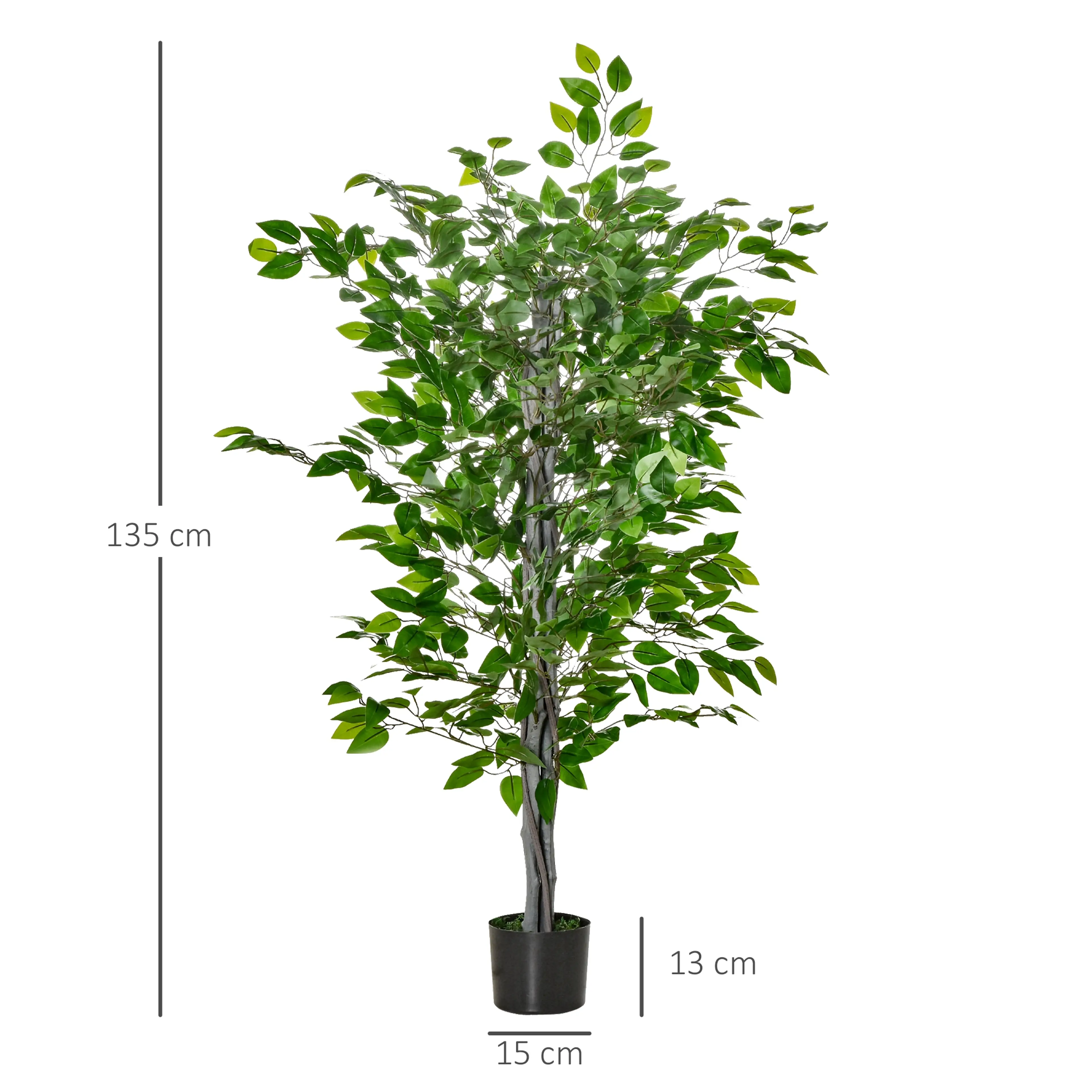 Måttbild: trädet är 135 cm högt och krukan Ø15 cm och 13 cm hög