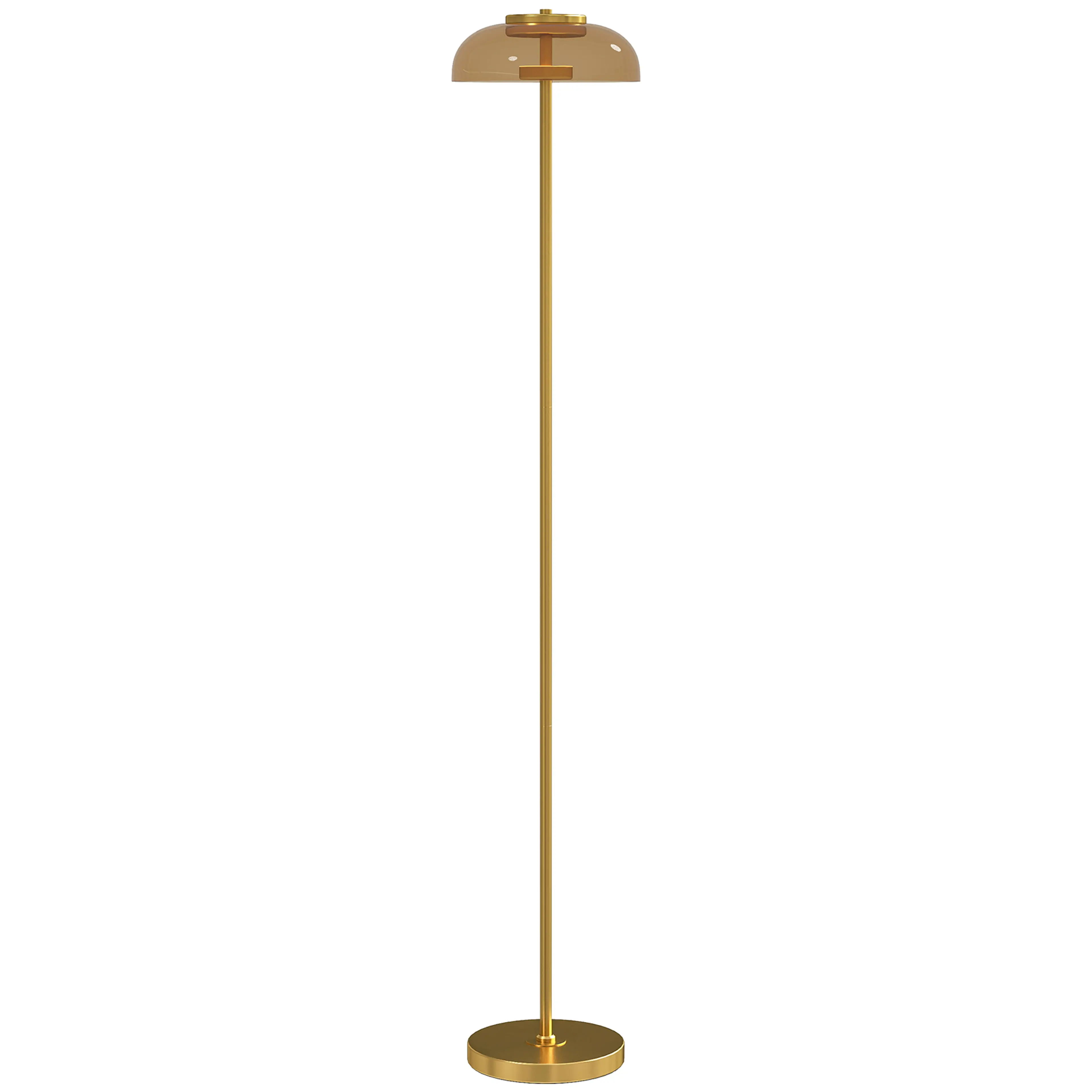 Golvlampa i mässingsfärgad metall med kupolformad skärm, sedd framifrån mot vit bakgrund