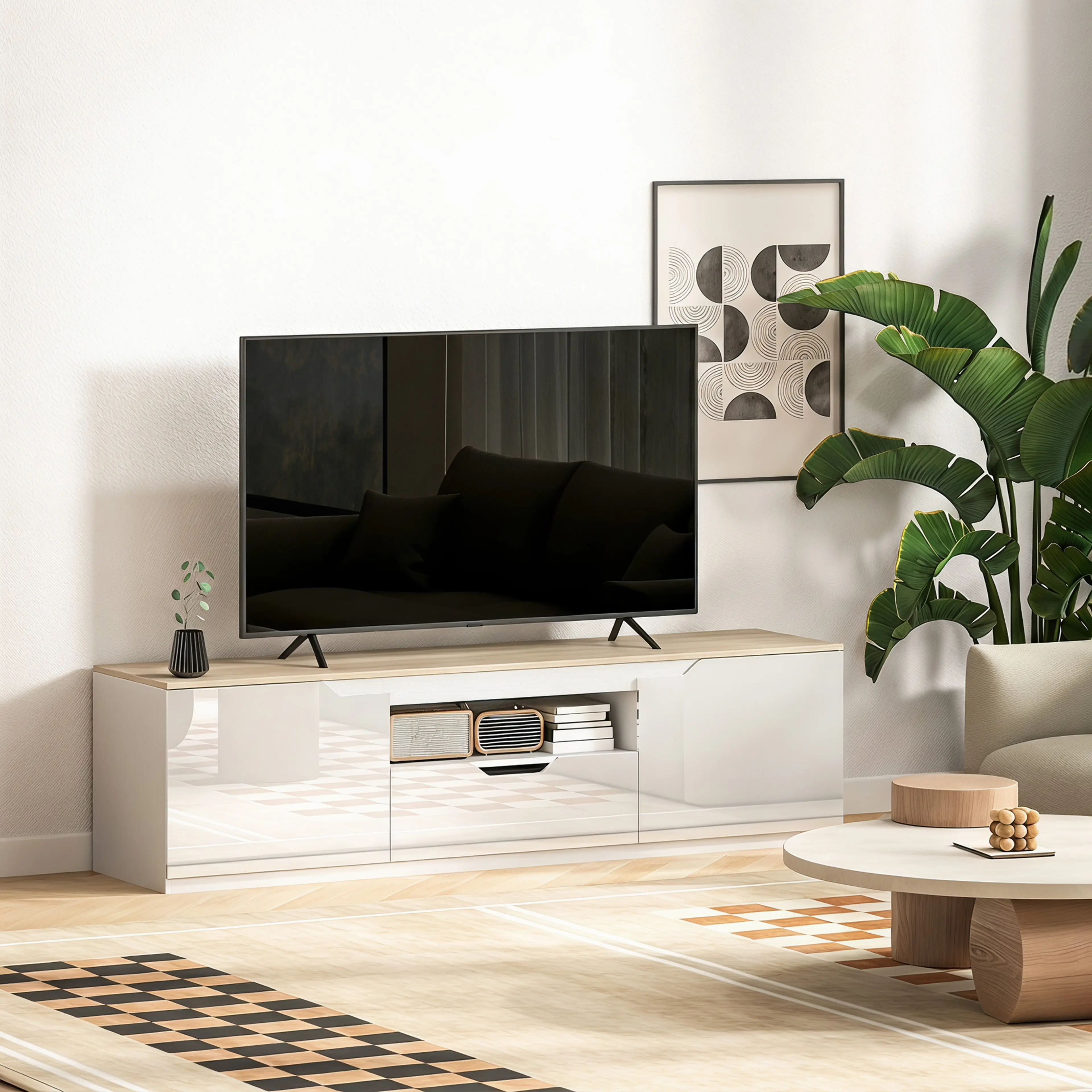 TV-bänk 160 cm högglans med ekskiva – bild 5