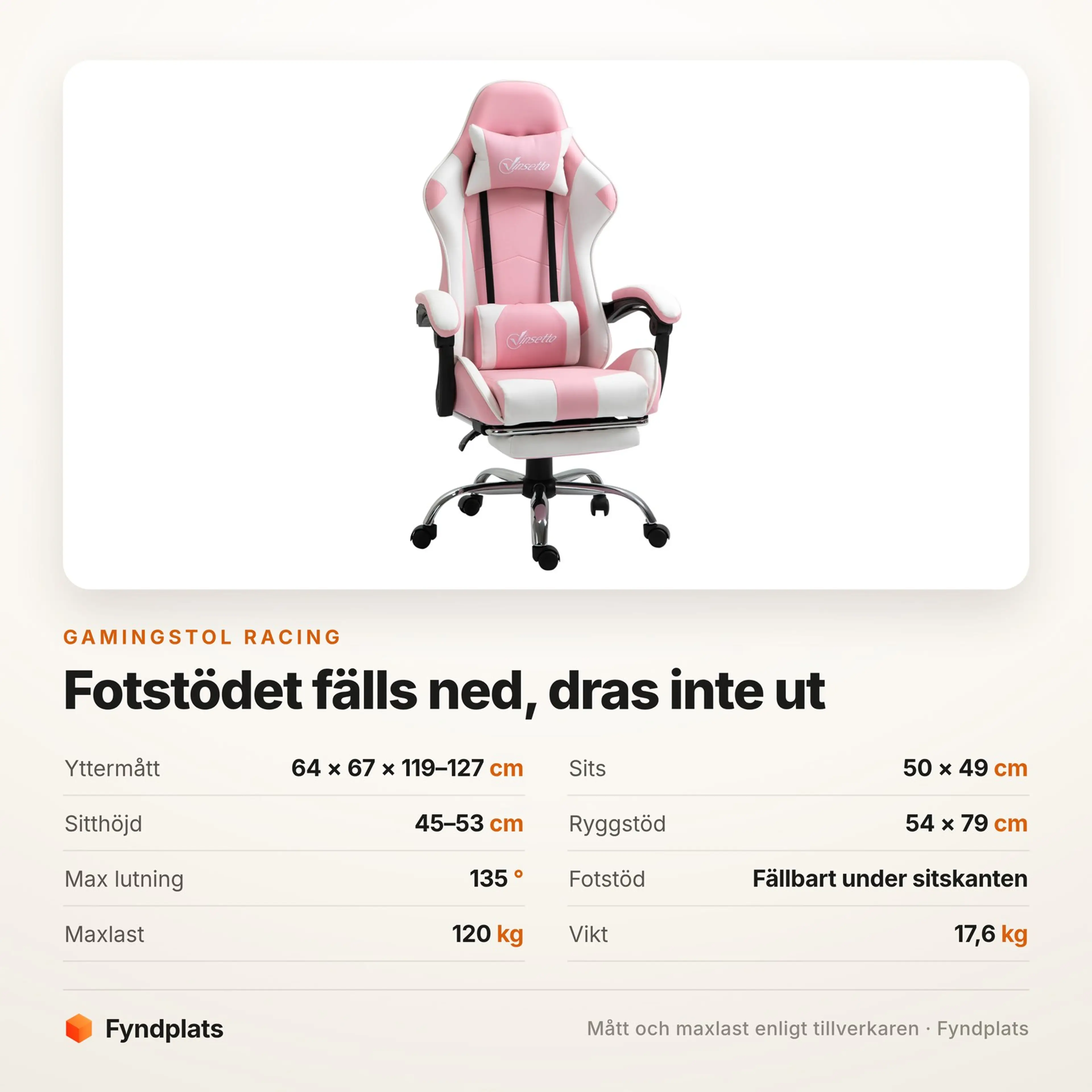Spec-kort för gamingstolen: 64 × 67 × 119–127 cm, sitthöjd 45–53 cm, 135° lutning och 120 kg maxlast