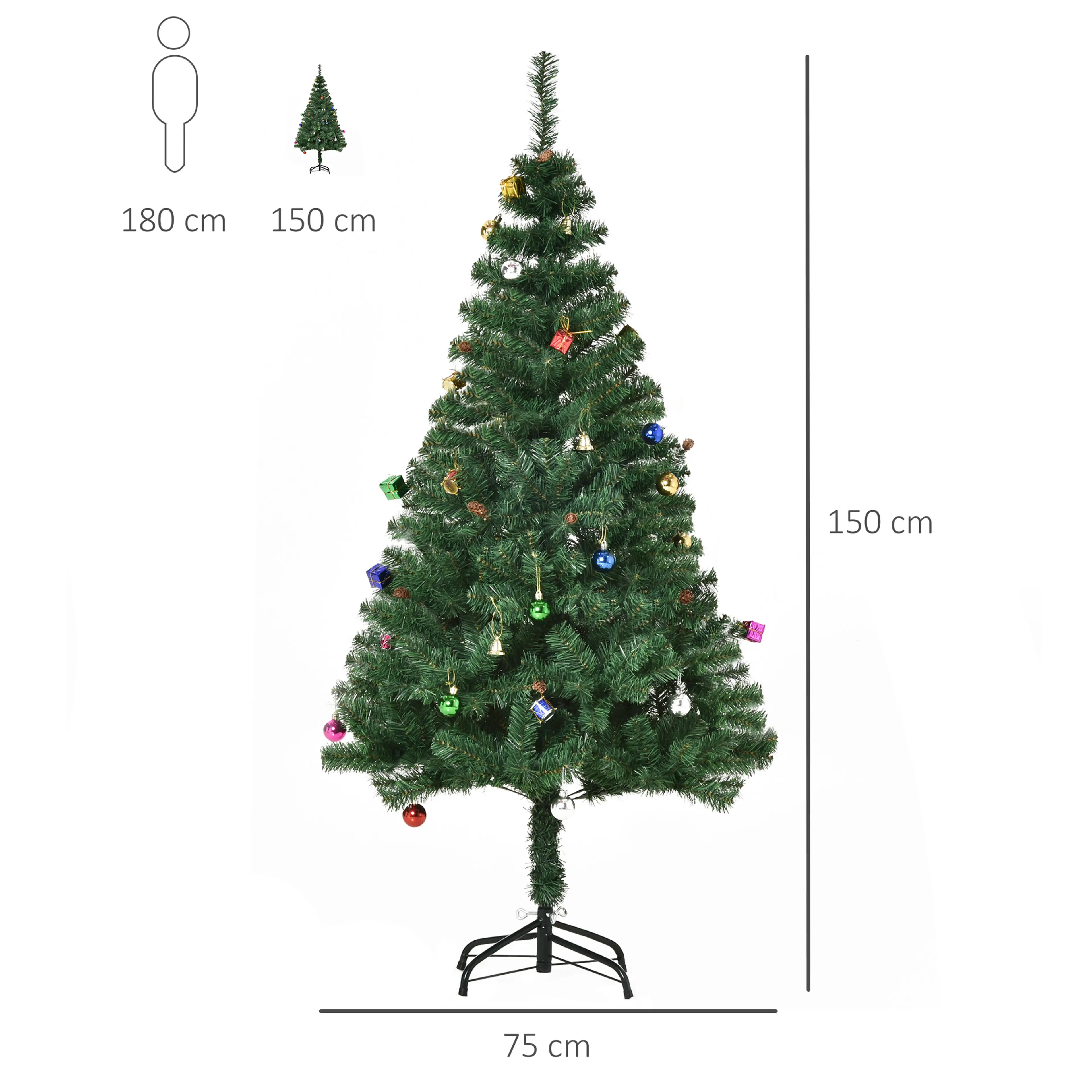 Måttskiss: granen är 150 cm hög och 75 cm bred vid basen