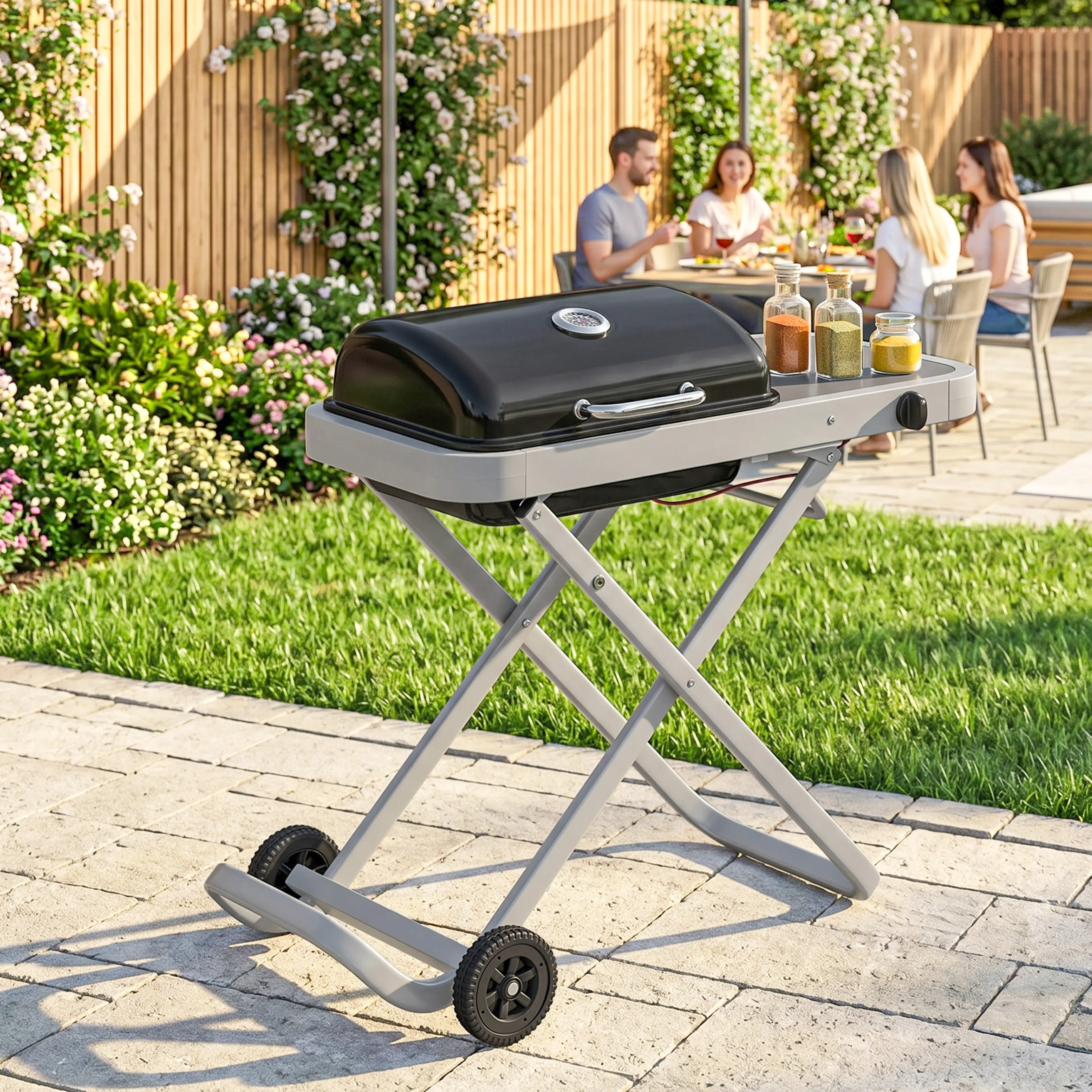 Gasolgrillen på en gräsmatta med sällskap i bakgrunden