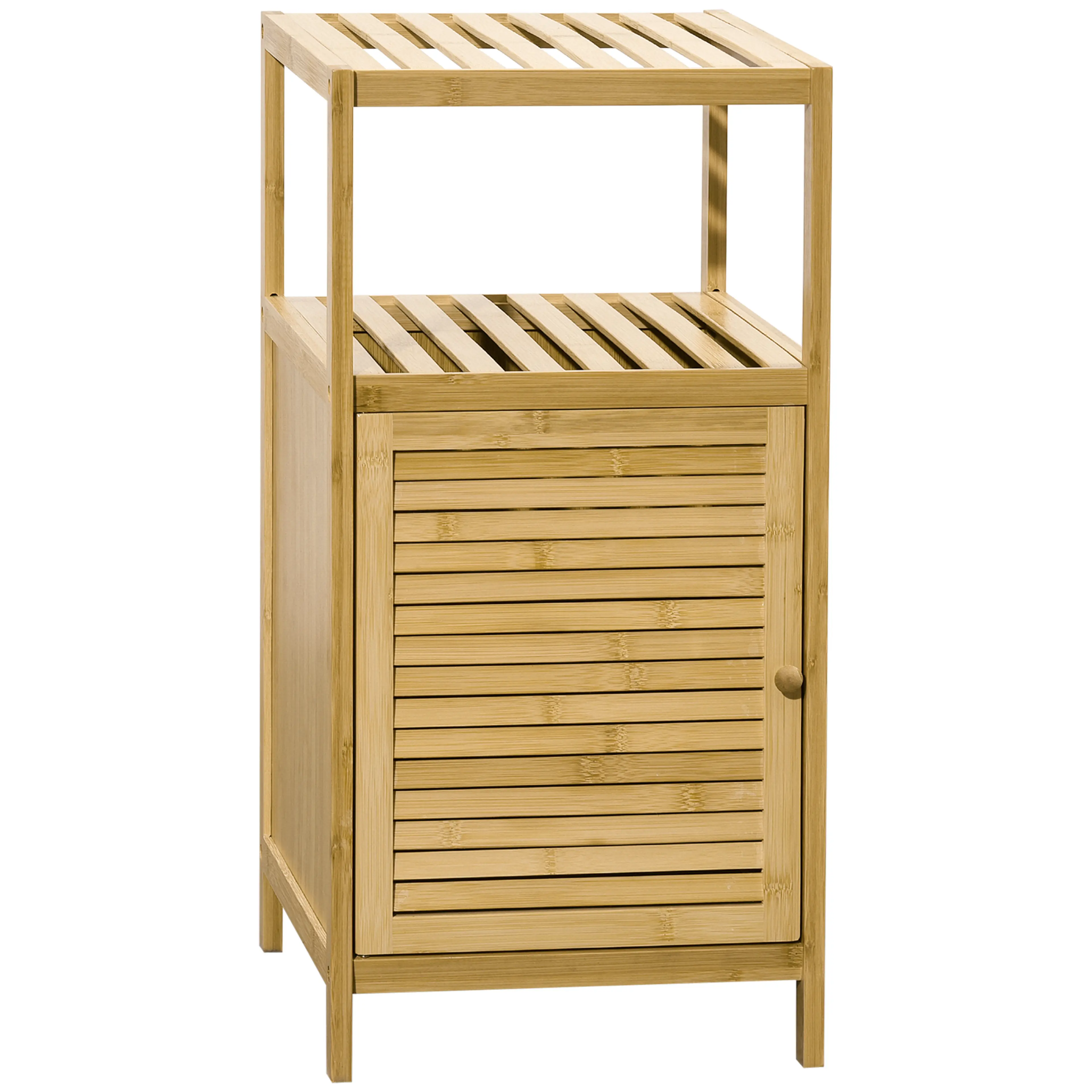 Badrumsskåp i bambu – öppen hylla och skåp med lamelldörr, 33 × 36,5 × 67 cm