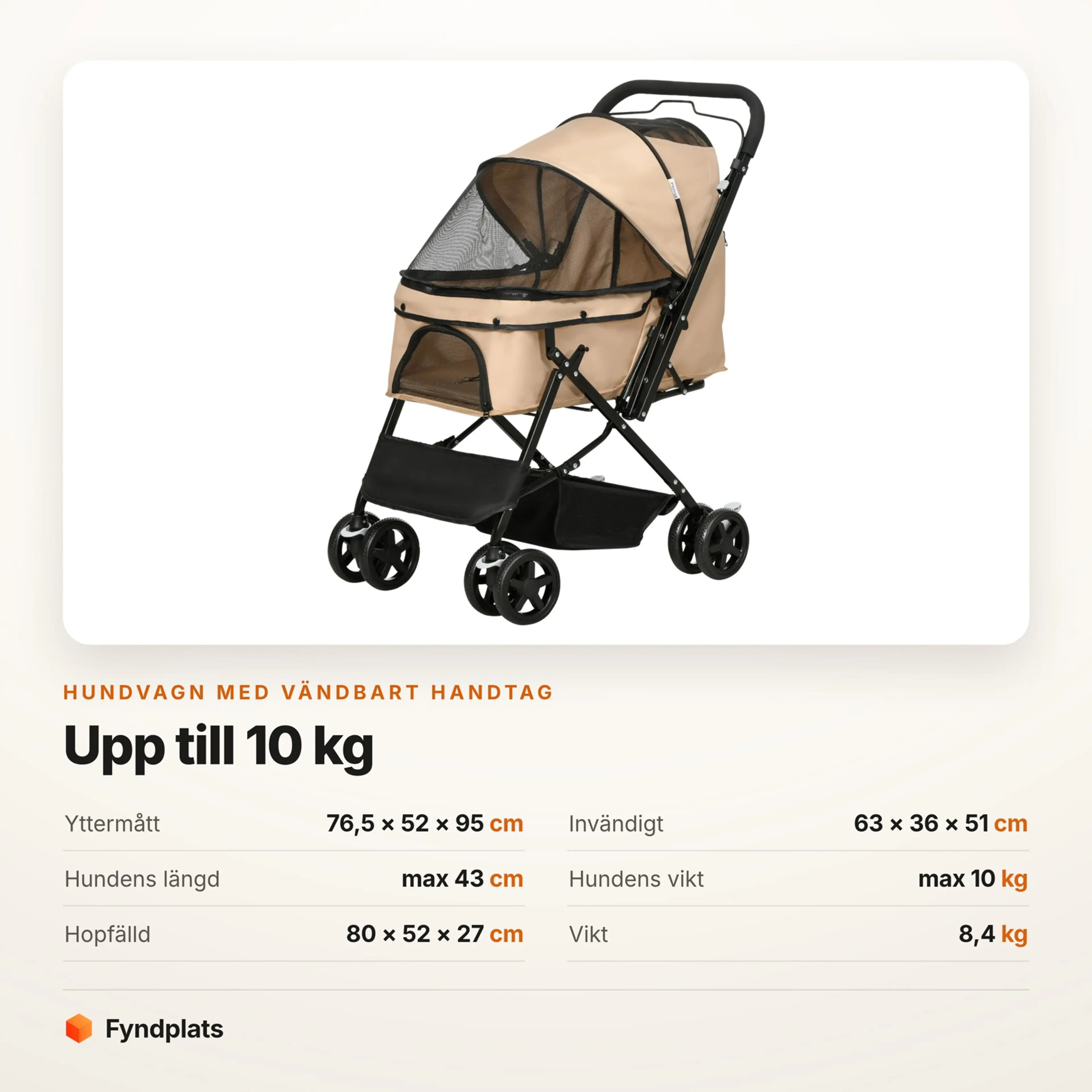 Fyndplats-kort med mått och vikt för hundvagnen med vändbart handtag