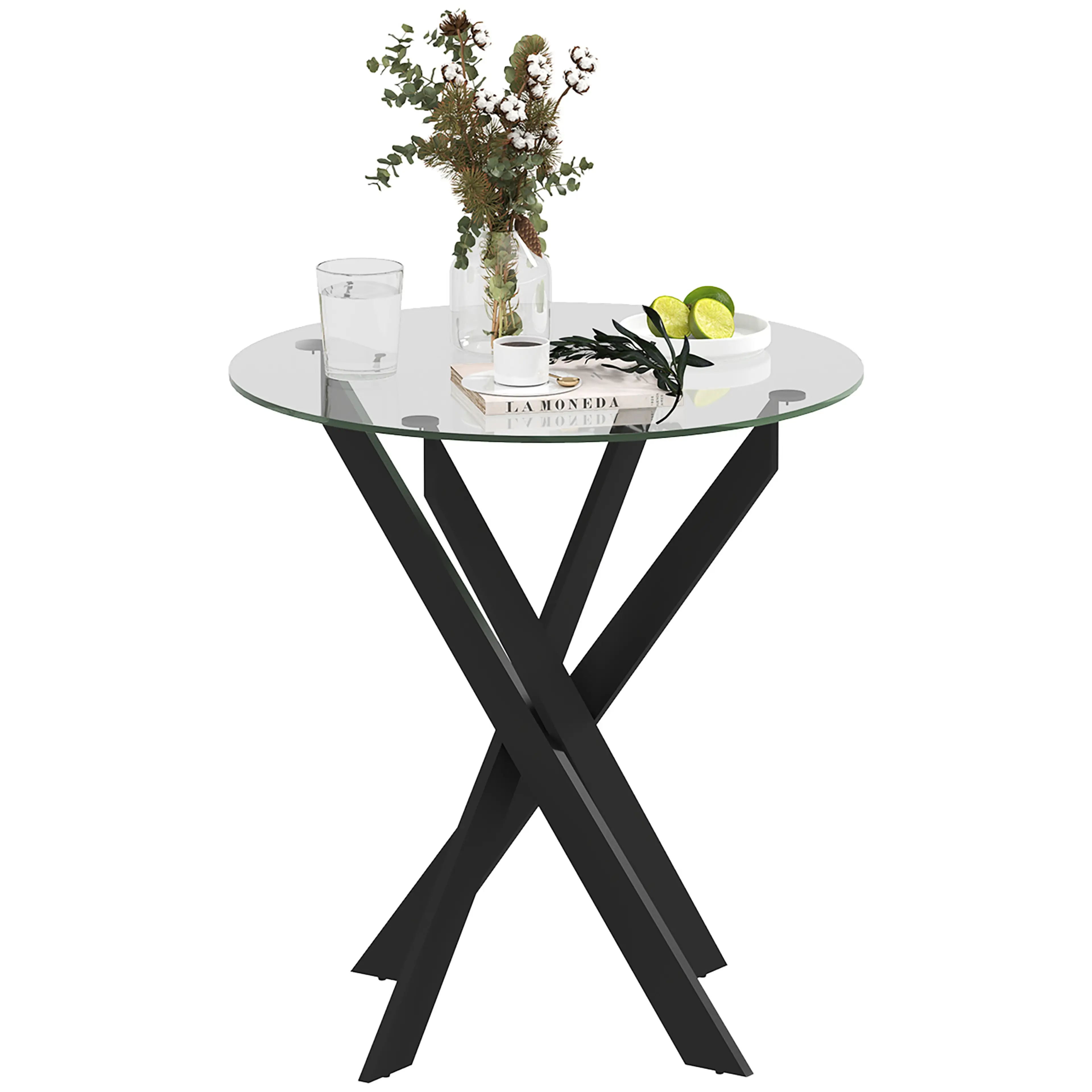 Runt glasmatbord med klar skiva och fyra korsade svarta stålben, dukat med glas och blommor