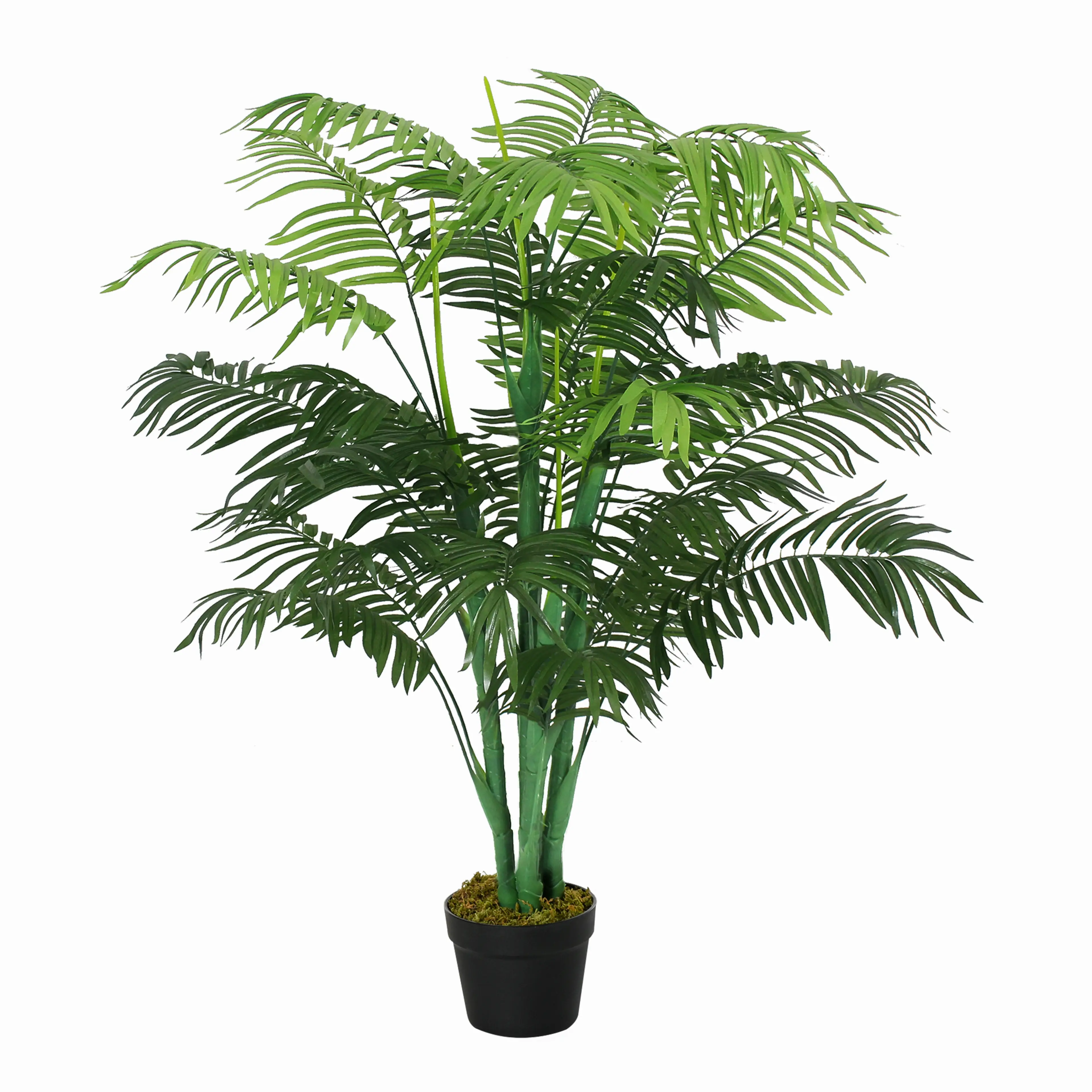Konstgjord palm i svart kruka, på vit bakgrund