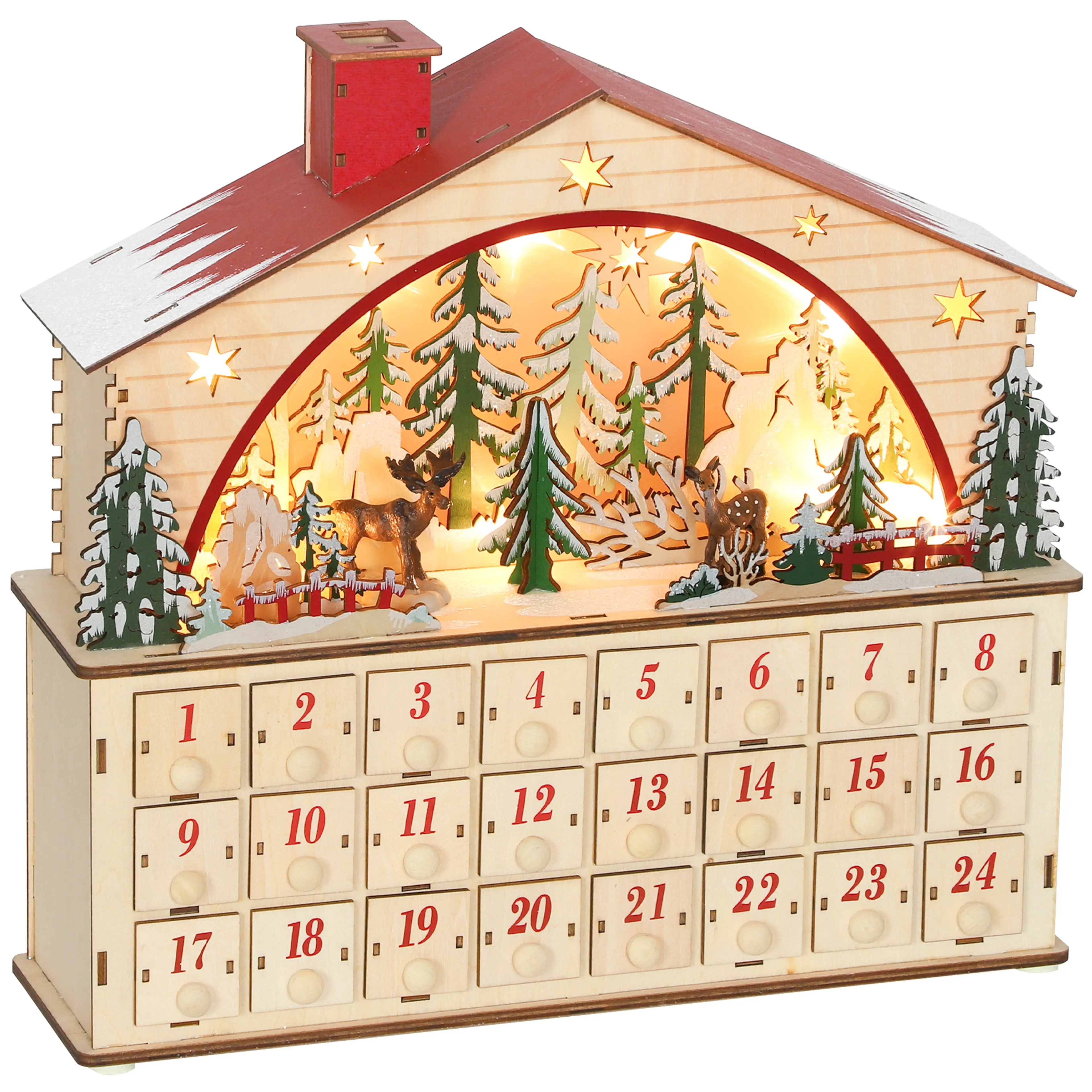 Adventskalender i trä med 24 lådor – belyst byscen, 36 cm bred