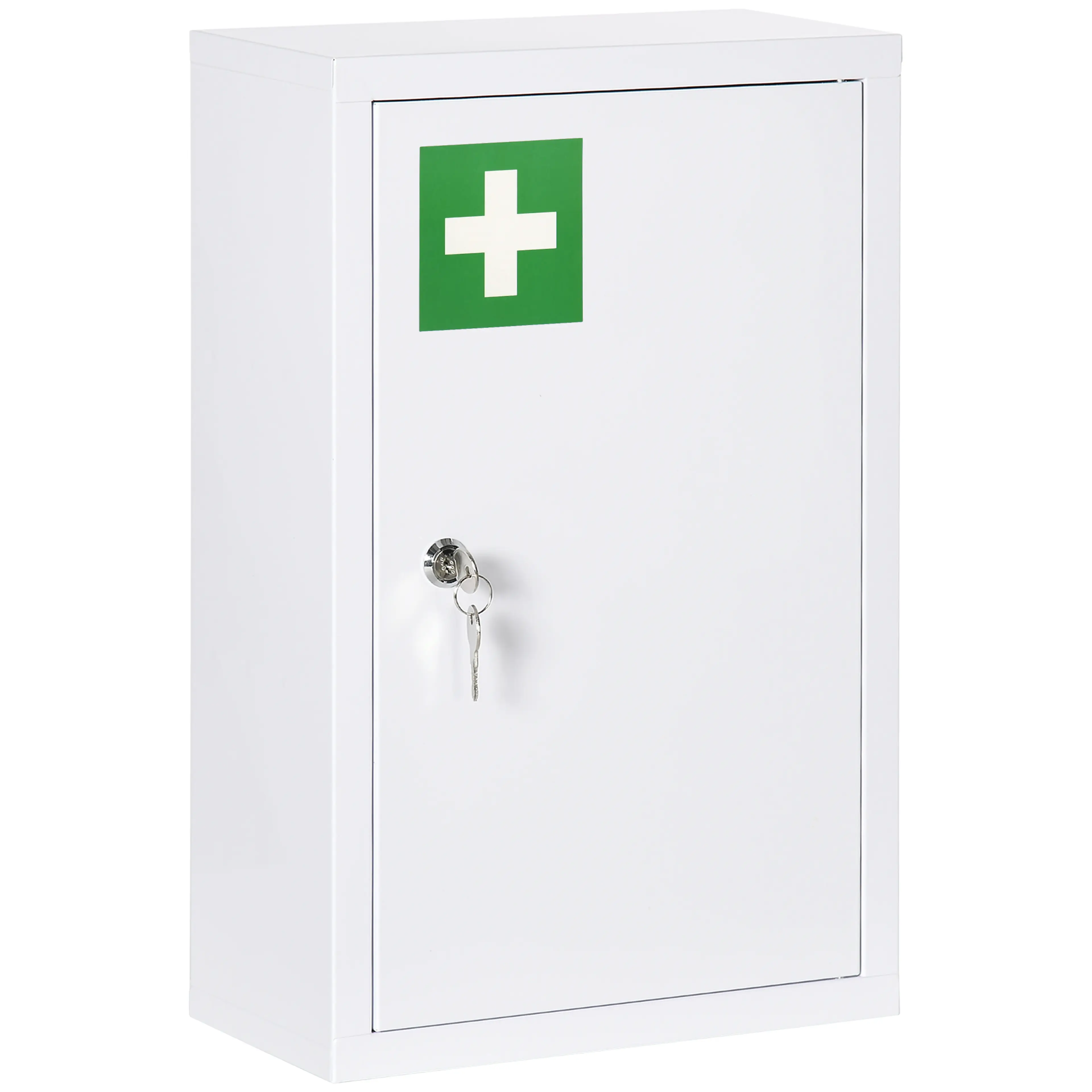 Vitt medicinskåp med grönt kors och nyckel i låset, 30 cm brett och 46 cm högt